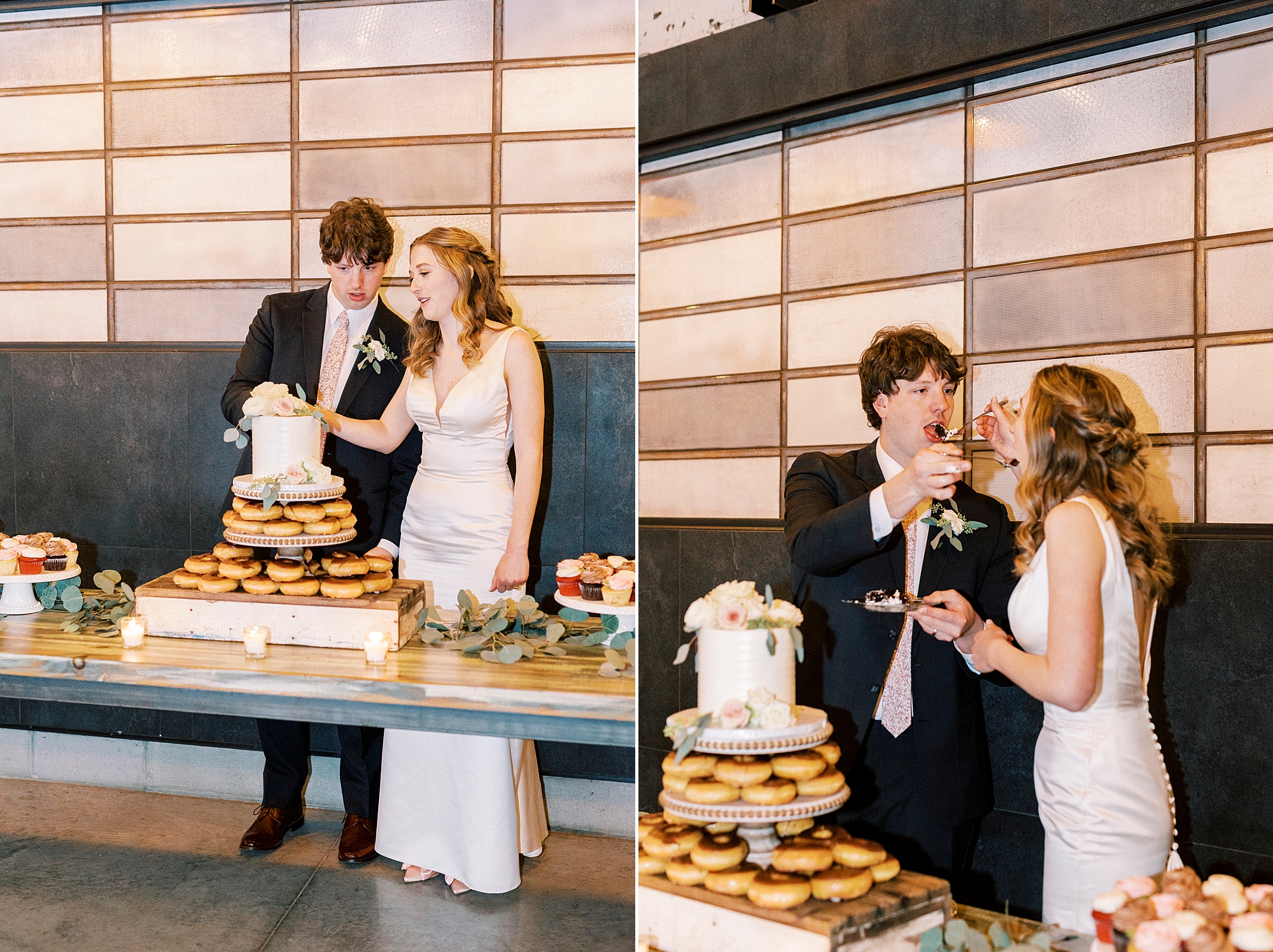 bride and groom feed each other wedding cake during Greensboro NC wedding reception 
