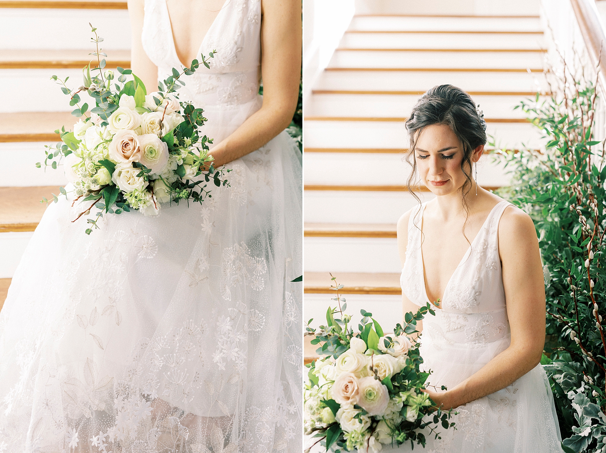 bride sits on steps holding bouquet in lap at Separk Mansion