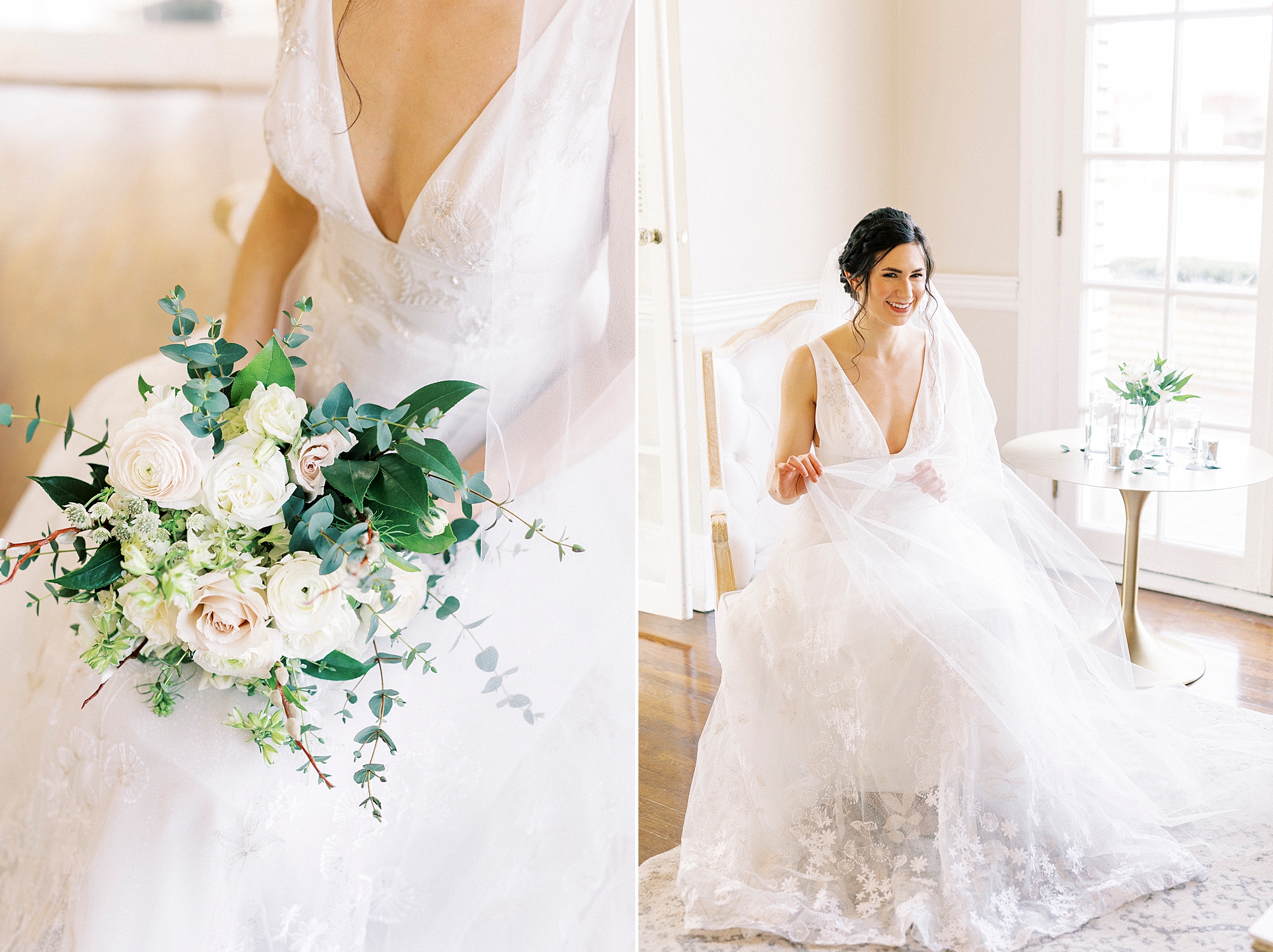 bride sits in white chair in lobby at Separk Mansion with veil around herself 