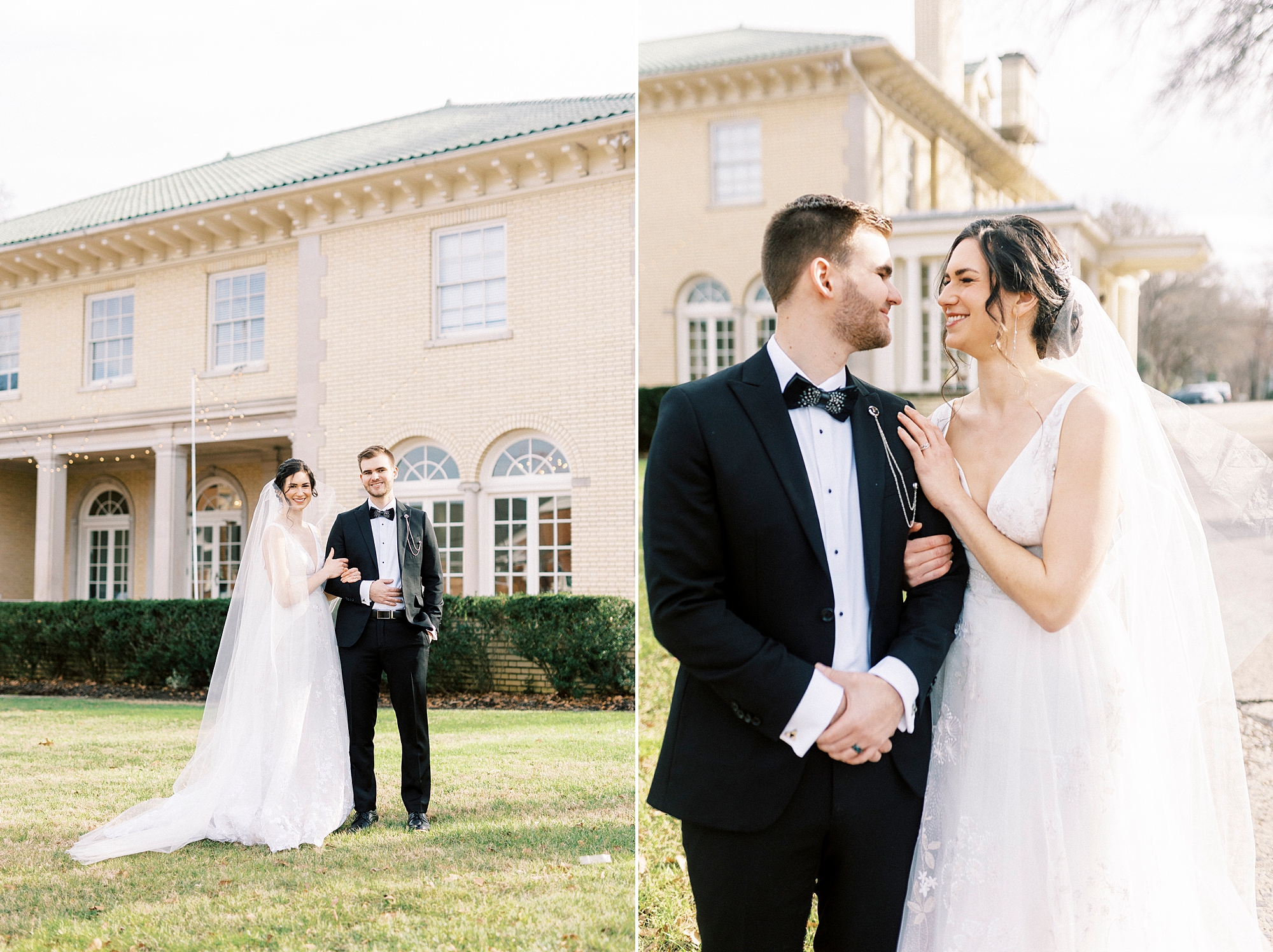 newlyweds hug on lawn outside Separk Mansion