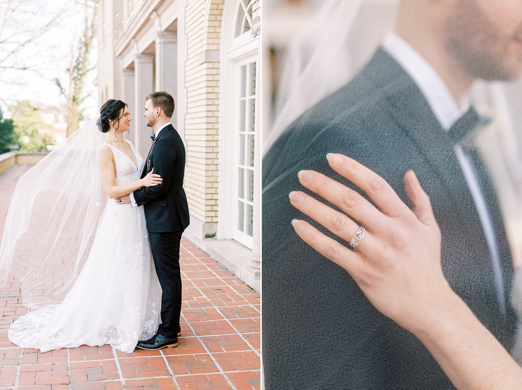 bride holds groom's shoulder during portraits on patio at Separk Mansion