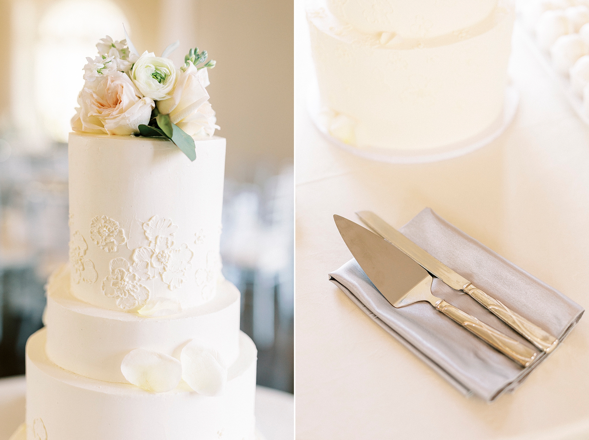tiered wedding cake with peach floral topper