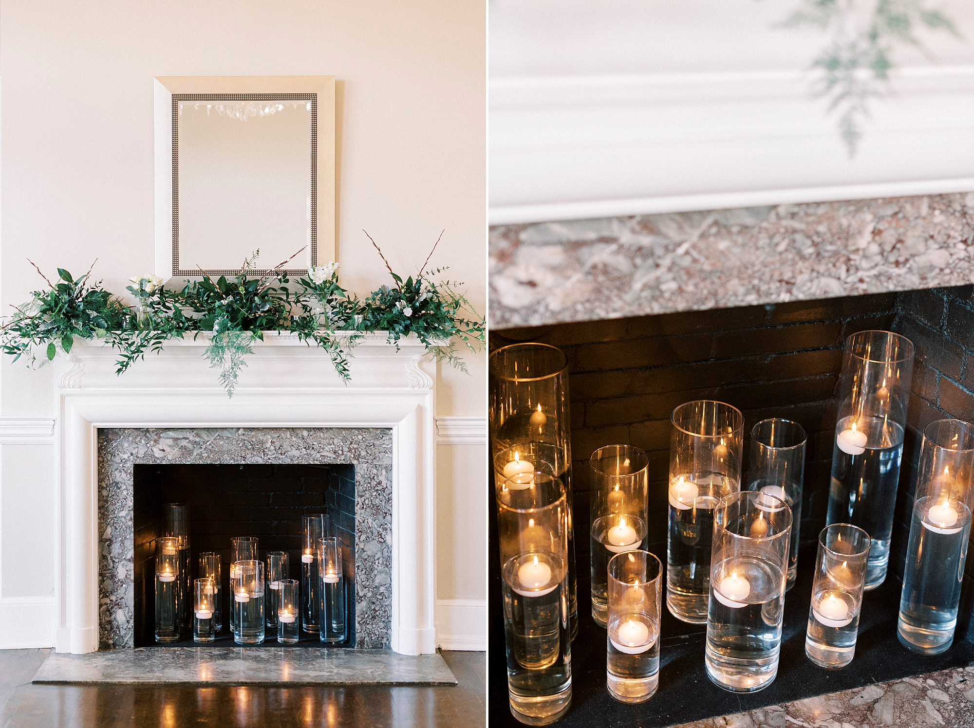 candles in fireplace at Grand Tasting Event at Separk Mansion in winter 2023 