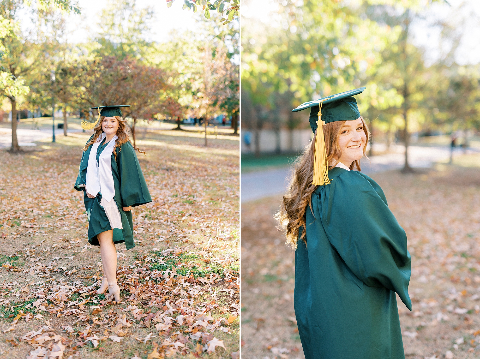 senior poses in fall leaves during UNC Charlotte senior portraits