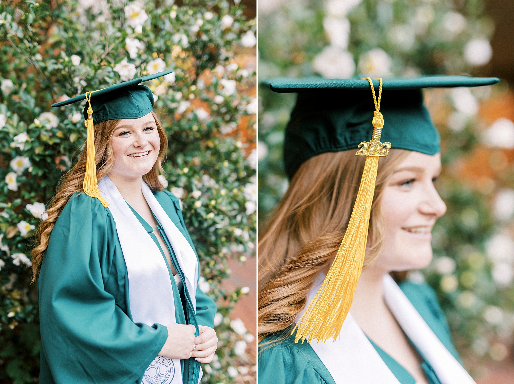 woman in green cap and gown with white stole during UNC Charlotte senior portraits