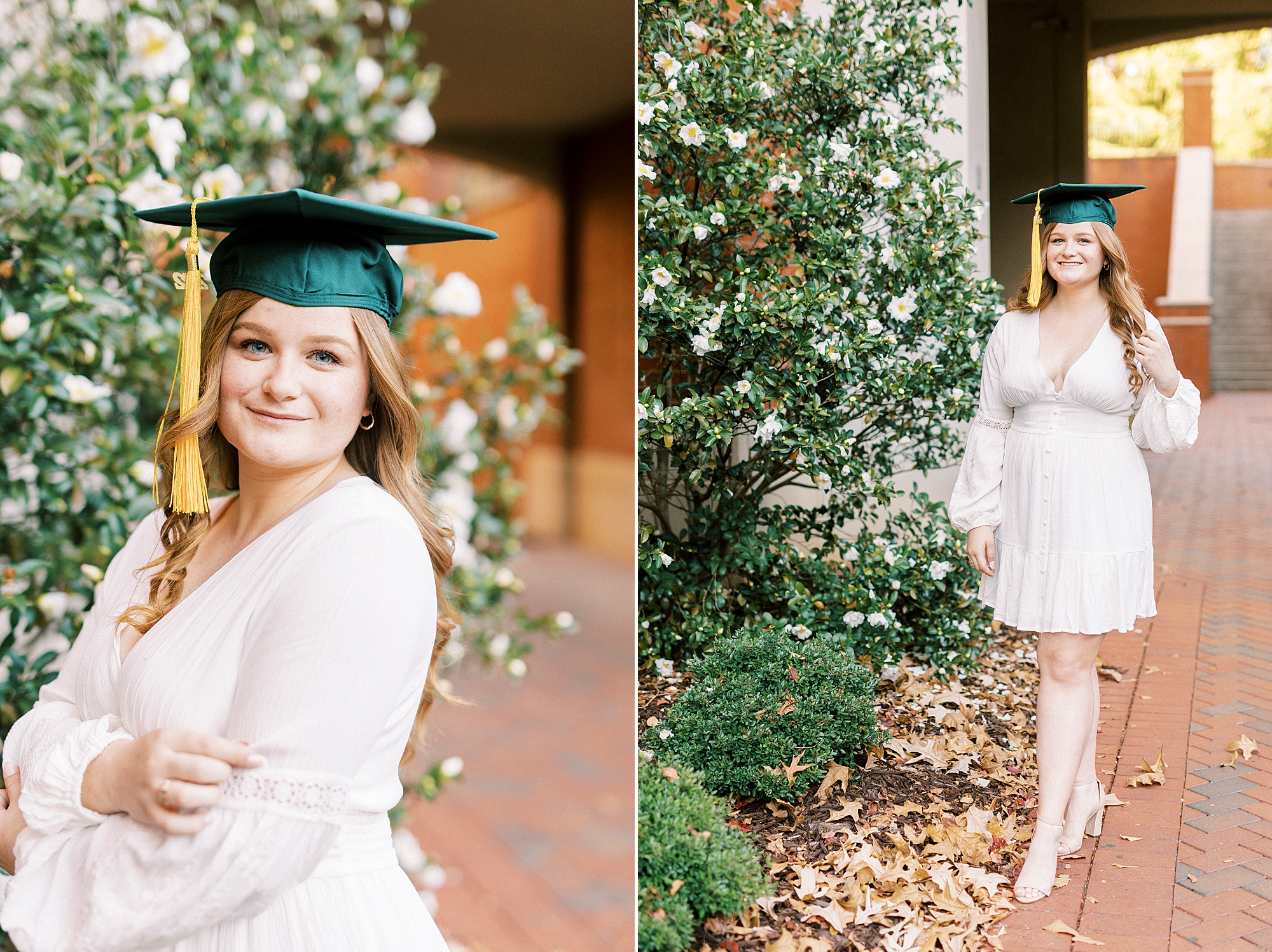 woman poses in white dress with green cap during UNC Charlotte senior portraits