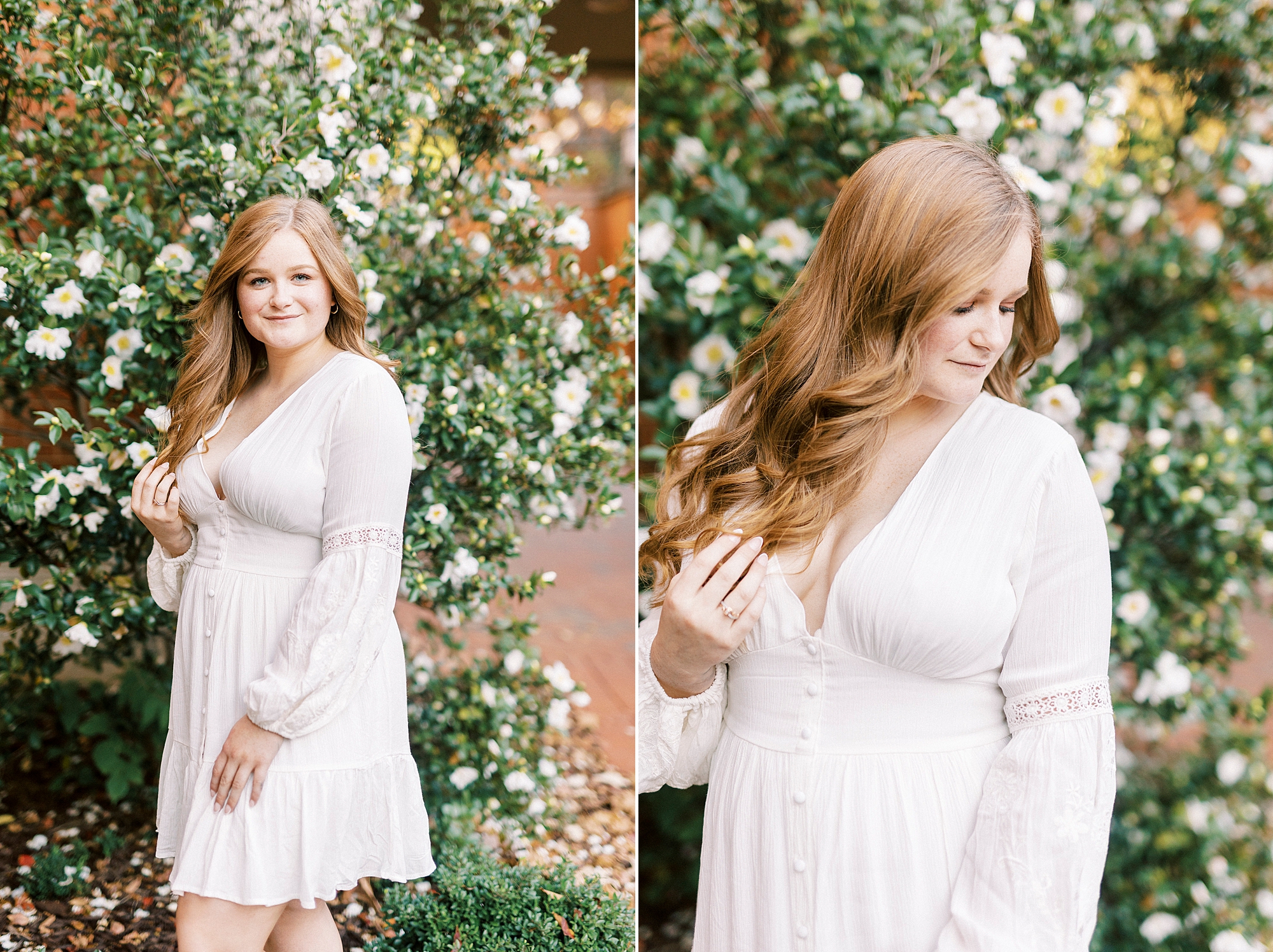 woman in white dress looks over shoulder against white flowers