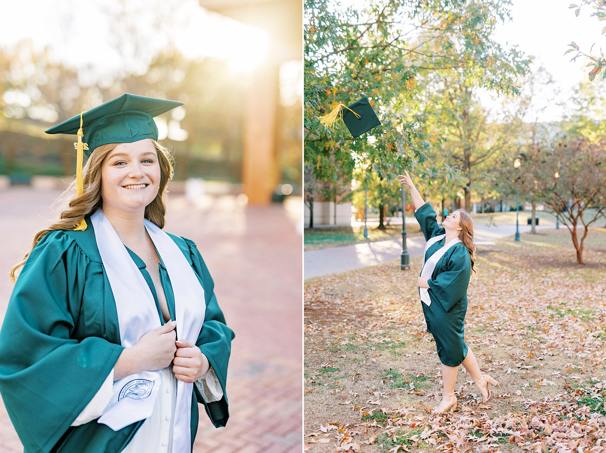 girl in green cap and gown tosses cap in the air