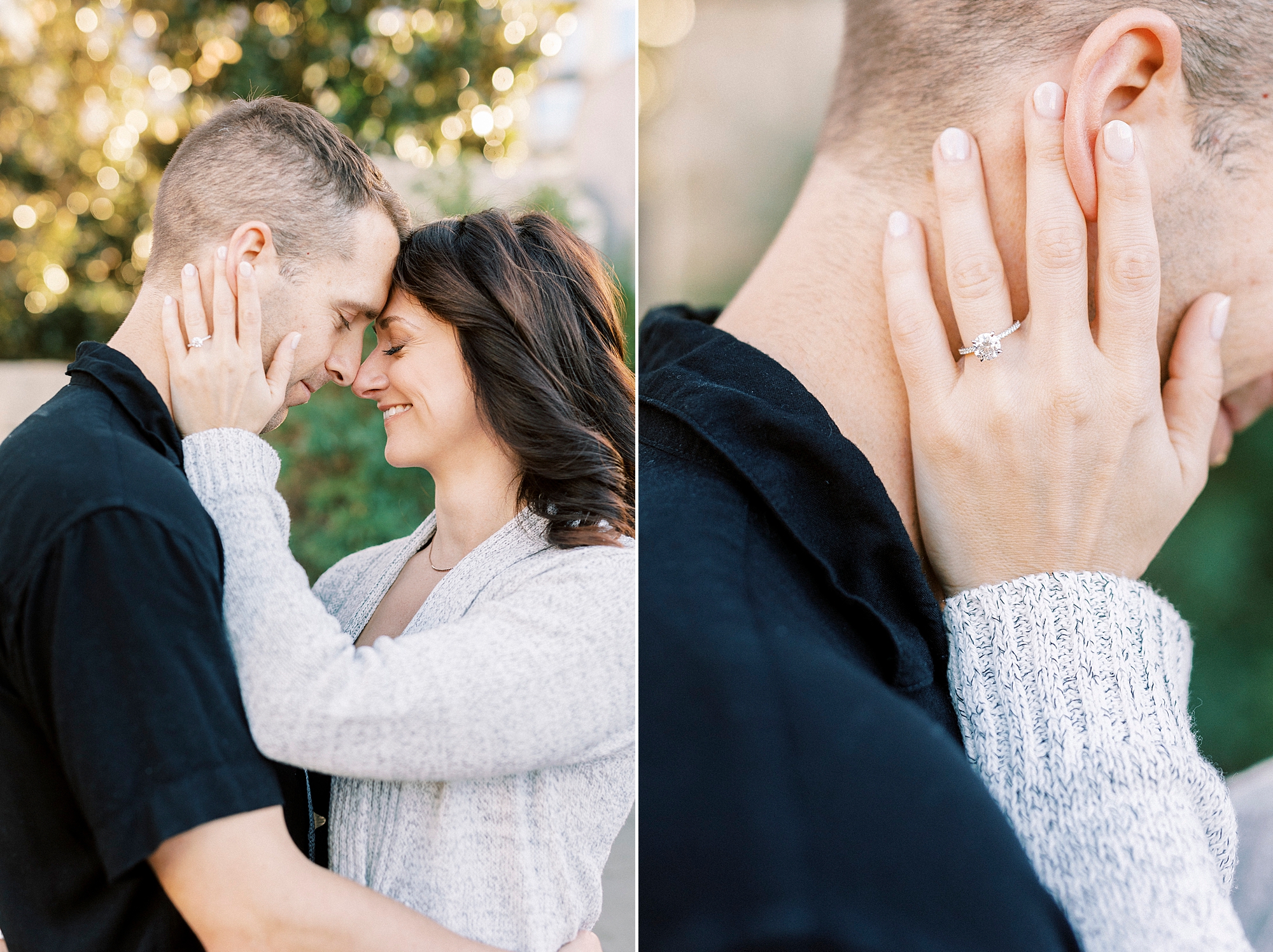 woman holds man's cheek during Uptown Charlotte engagement portraits by Mint Museum