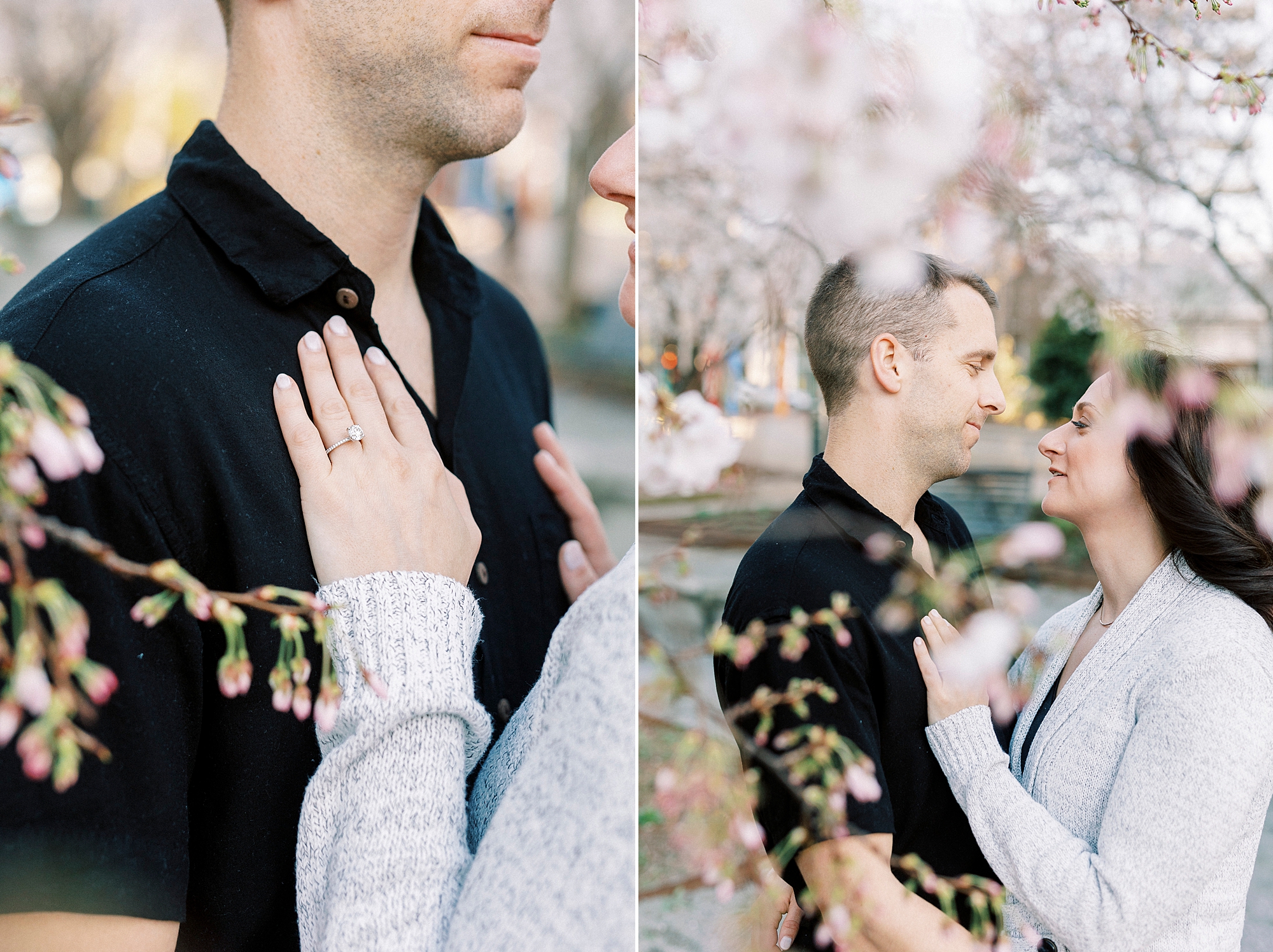 couple hugs under cherry blossoms during Uptown Charlotte engagement portraits at the Mint Museum