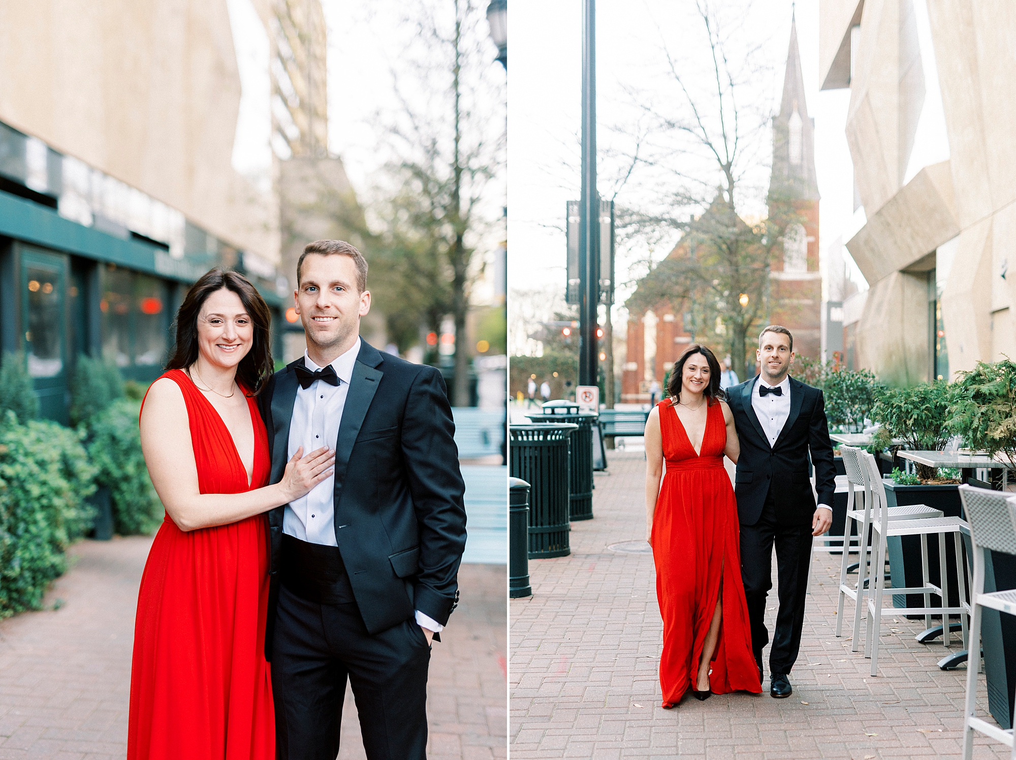 couple walks down street in Uptown Charlotte during engagement session