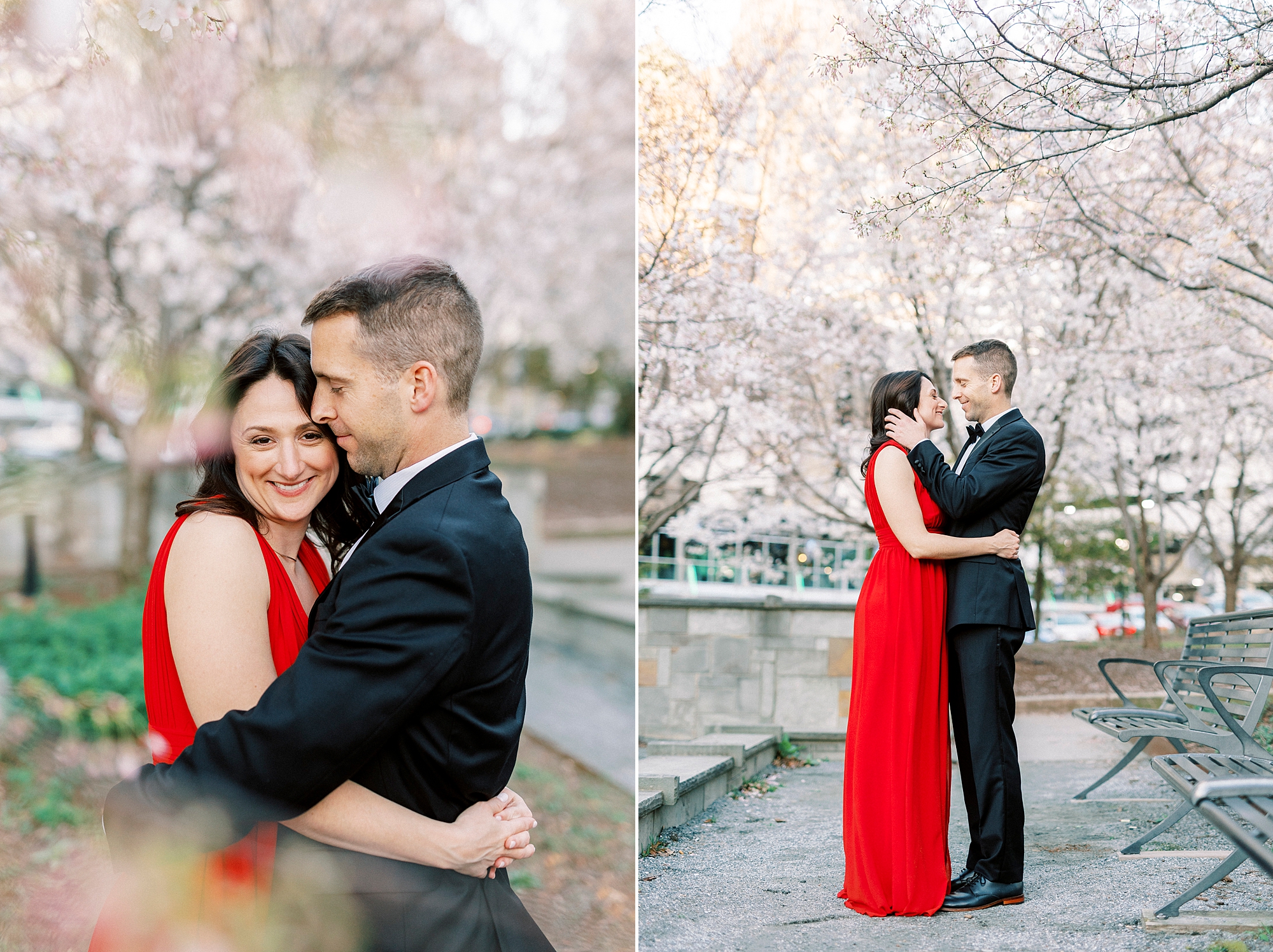 couple hugs between pink trees at Romare Bearden Park
