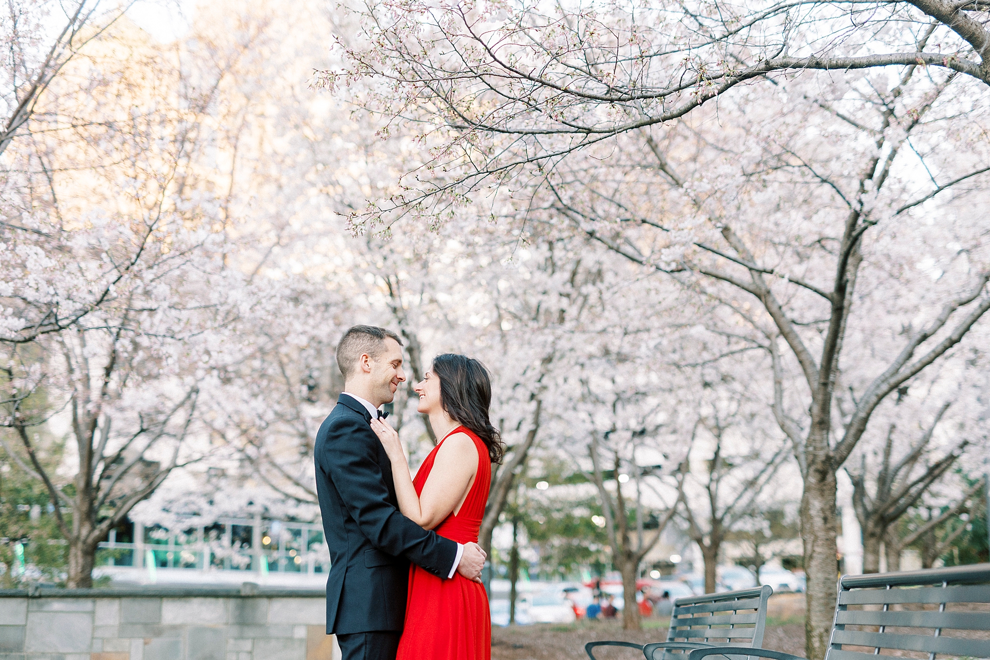 engaged couple hugs among trees in Romare Bearden Park