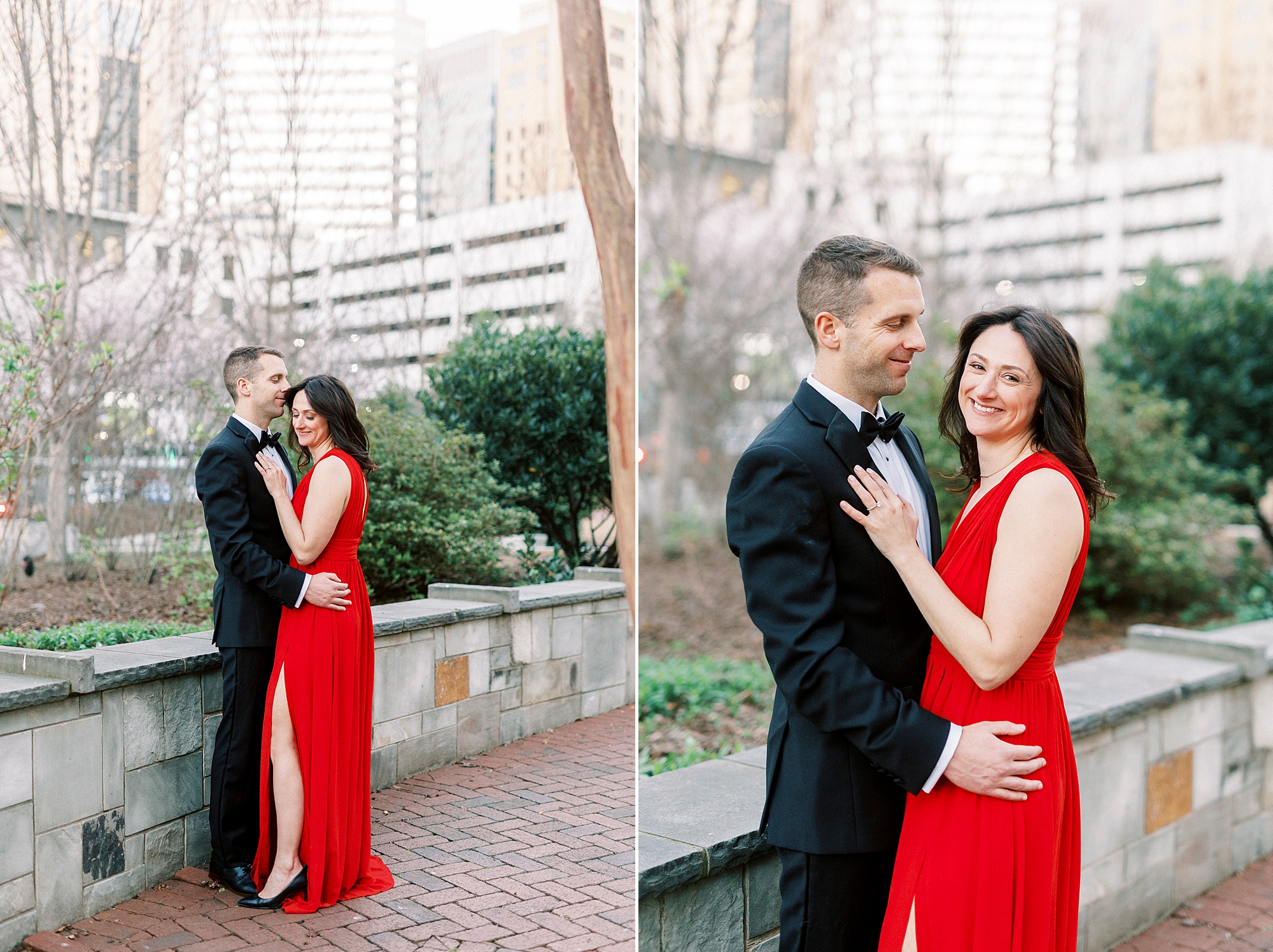 engaged couple laughs on sidewalk in Romare Bearden Park