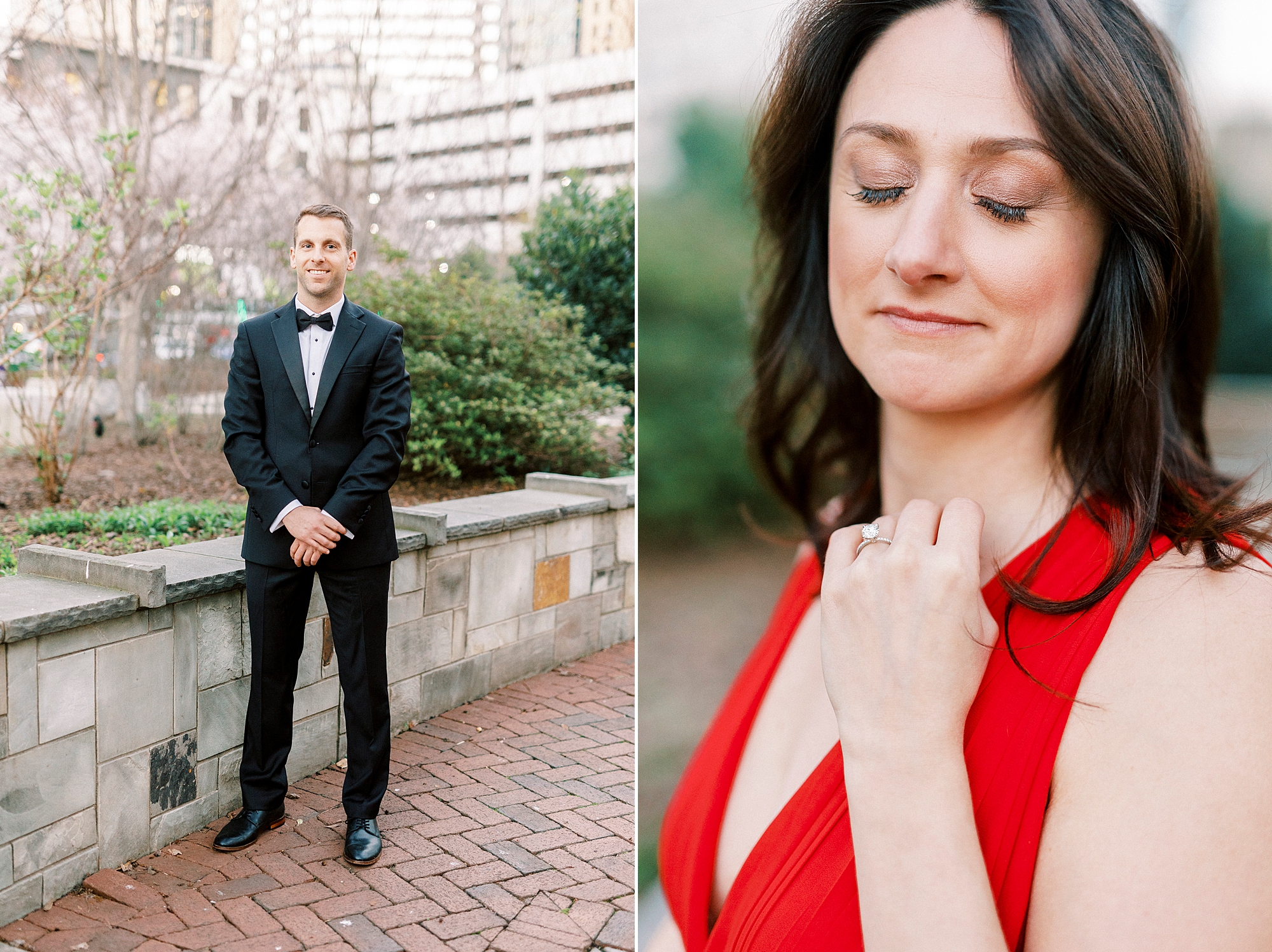 woman in red dress holds ring up near chest
