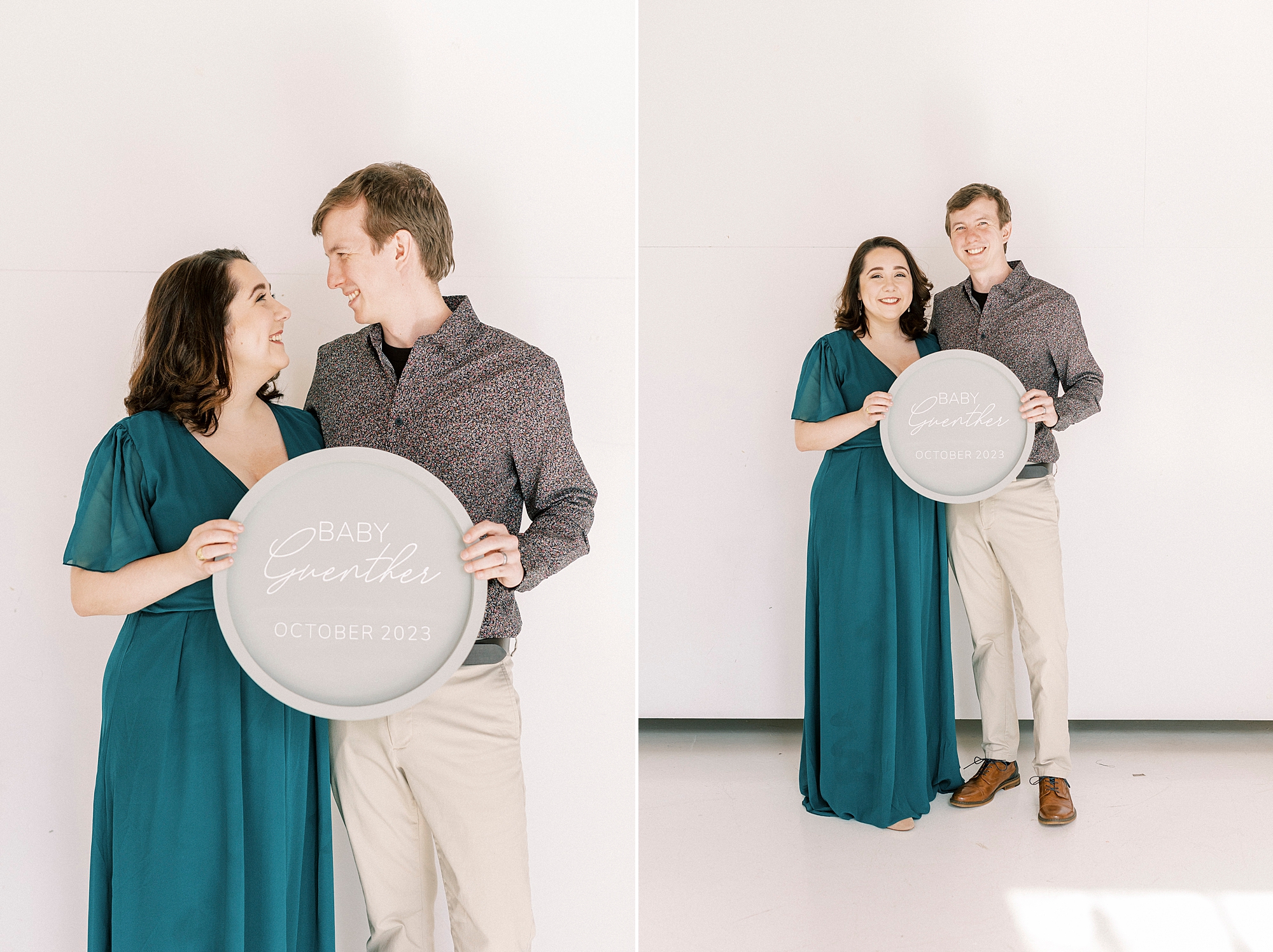 studio pregnancy announcement in Concord NC holding sign