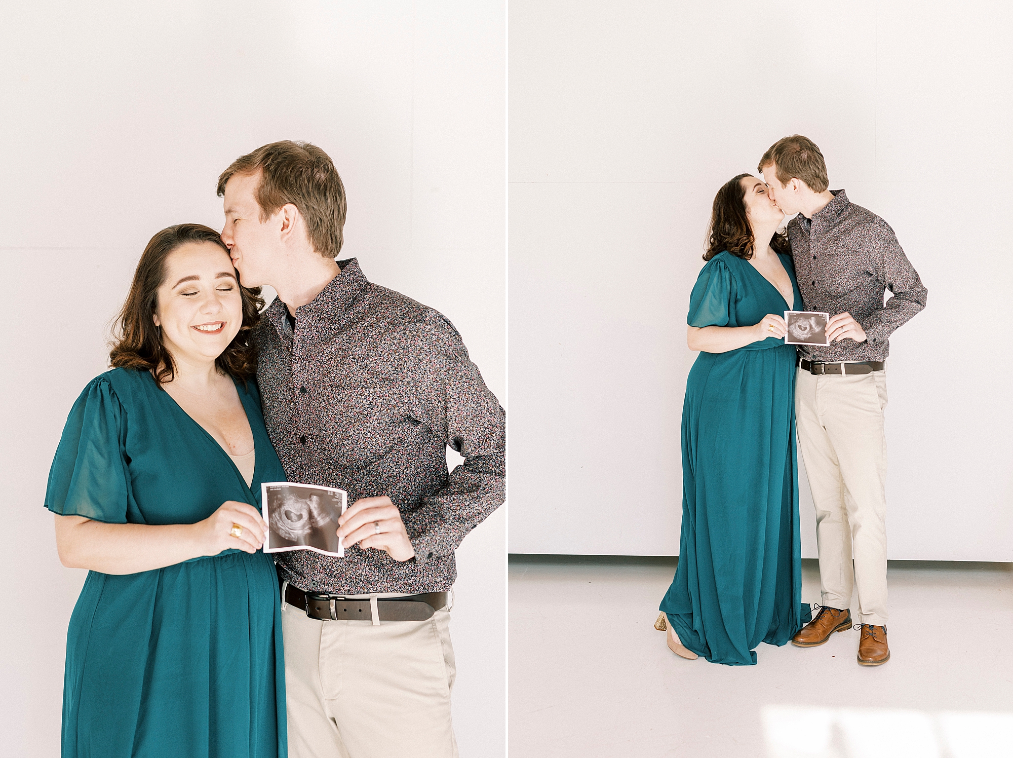 expecting couple holds sonogram during studio pregnancy announcement in Concord NC