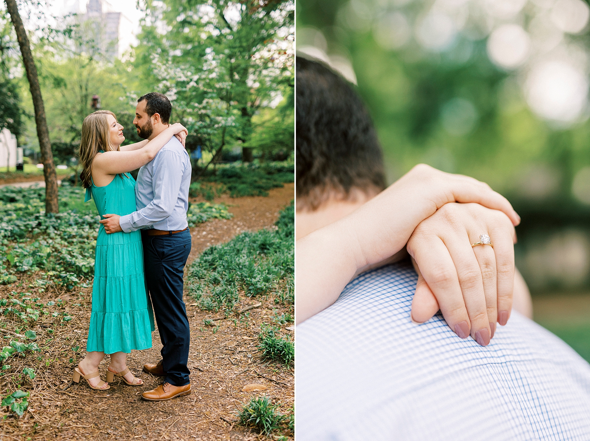 woman hugs fiancé around neck showing off engagement ring 
