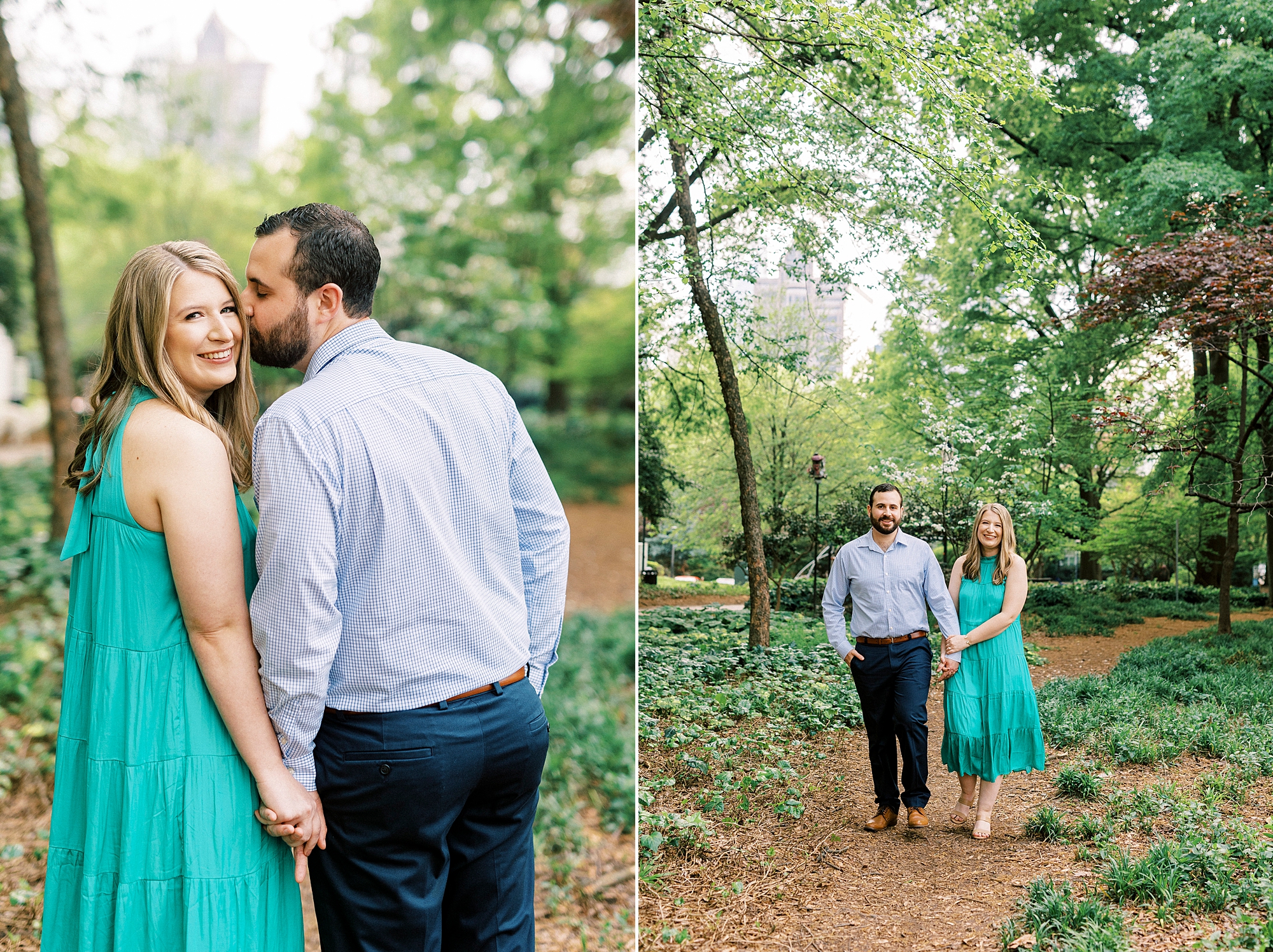 man kisses woman on cheek during engagement session in Fourth Ward Park