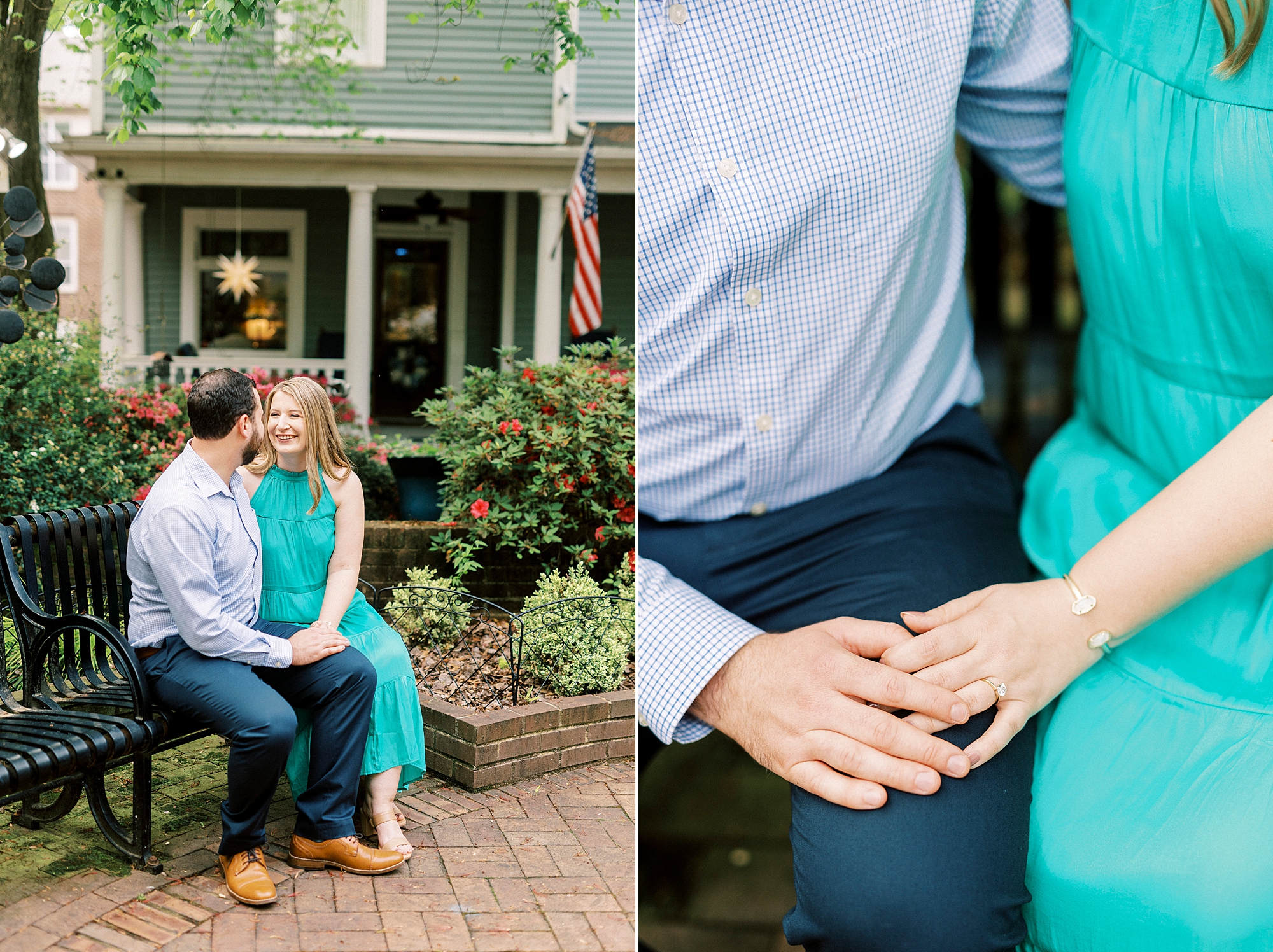 engaged couple sits on bench in Uptown Charlotte NC 