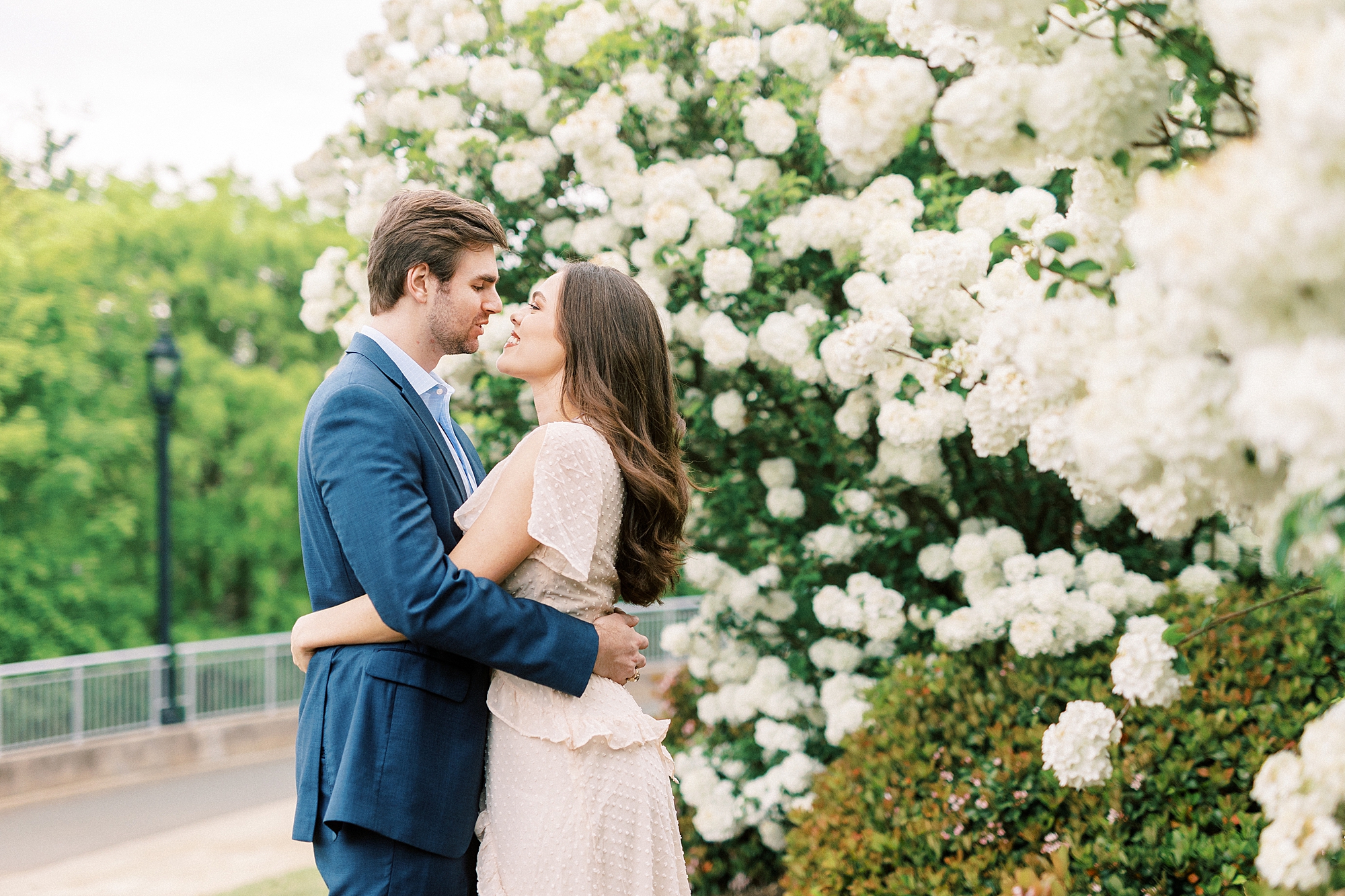 engaged couple kisses by white flowers at Midtown Park