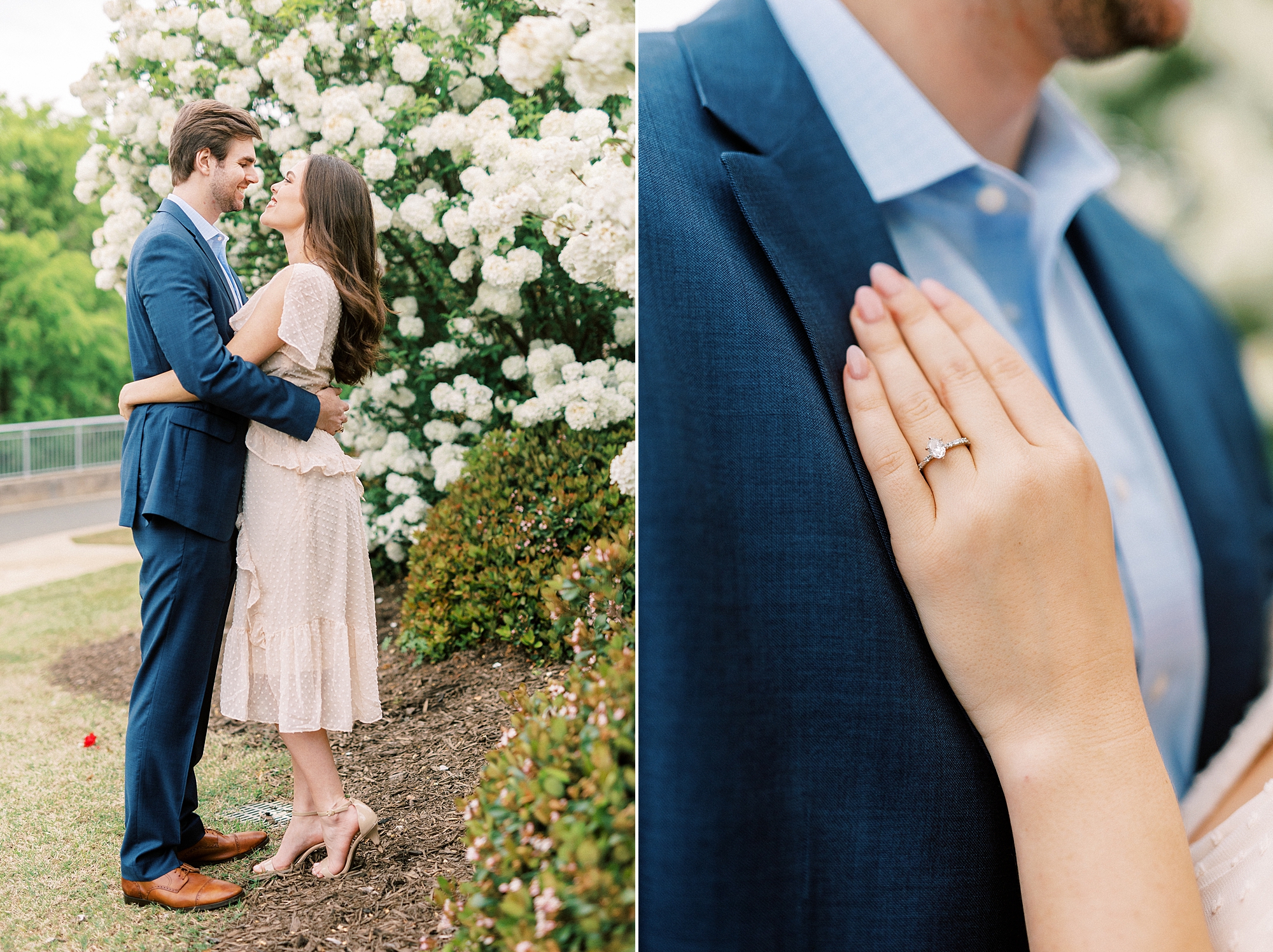 woman in blue dress lays hand on blue suit in Midtown Park