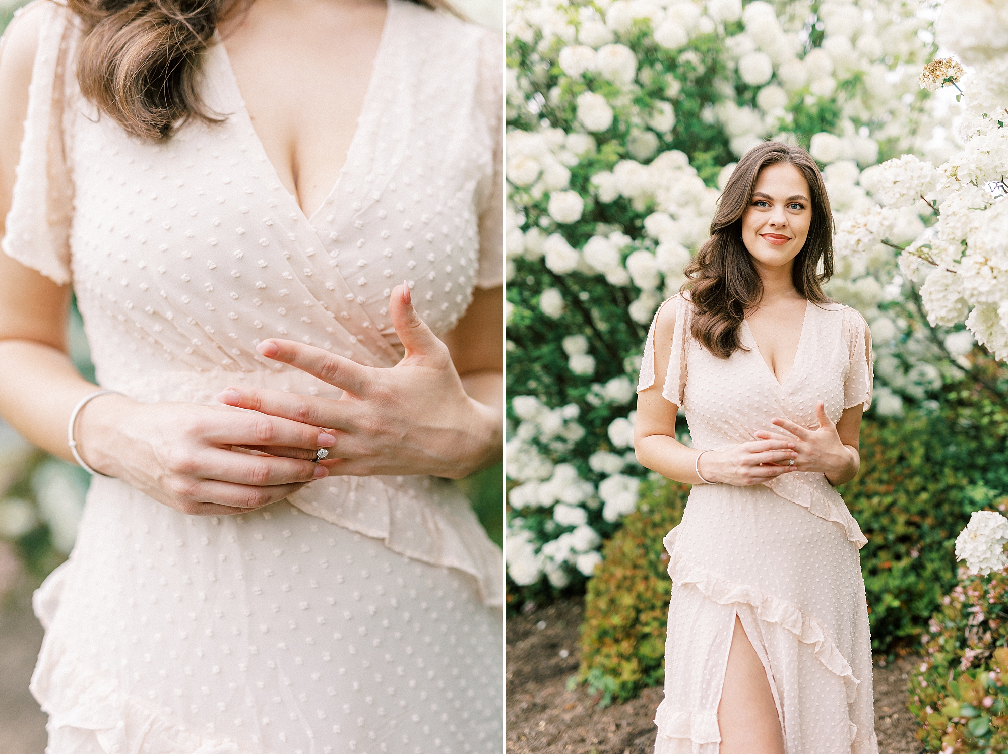 woman in blush dress holds diamond ring by white blush 