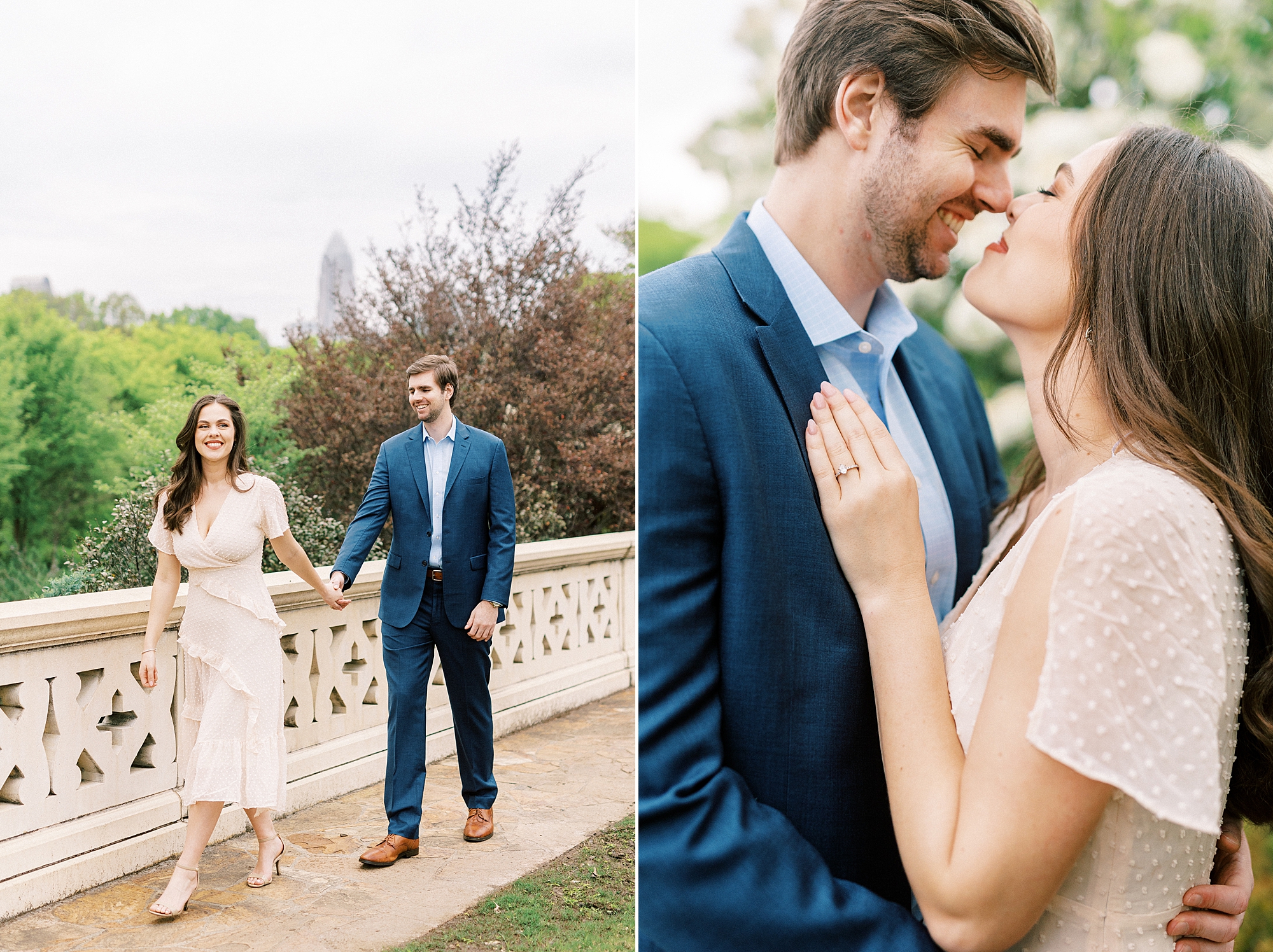 engaged couple kisses on bridge walking through Midtown Park