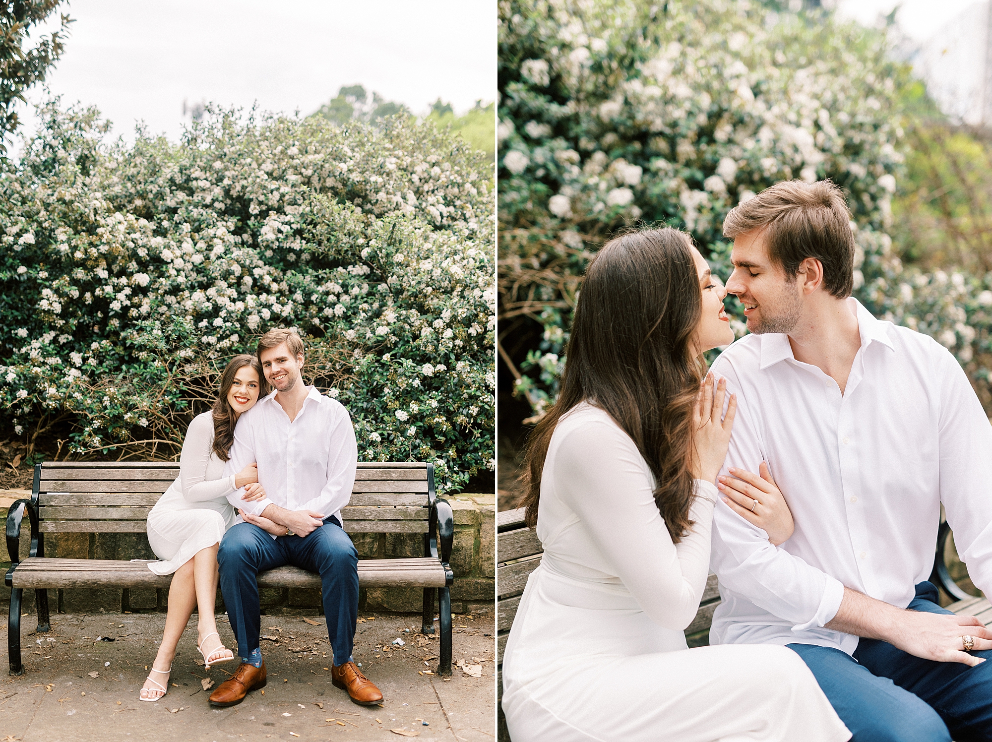 couple sits on bench talking in Midtown Park