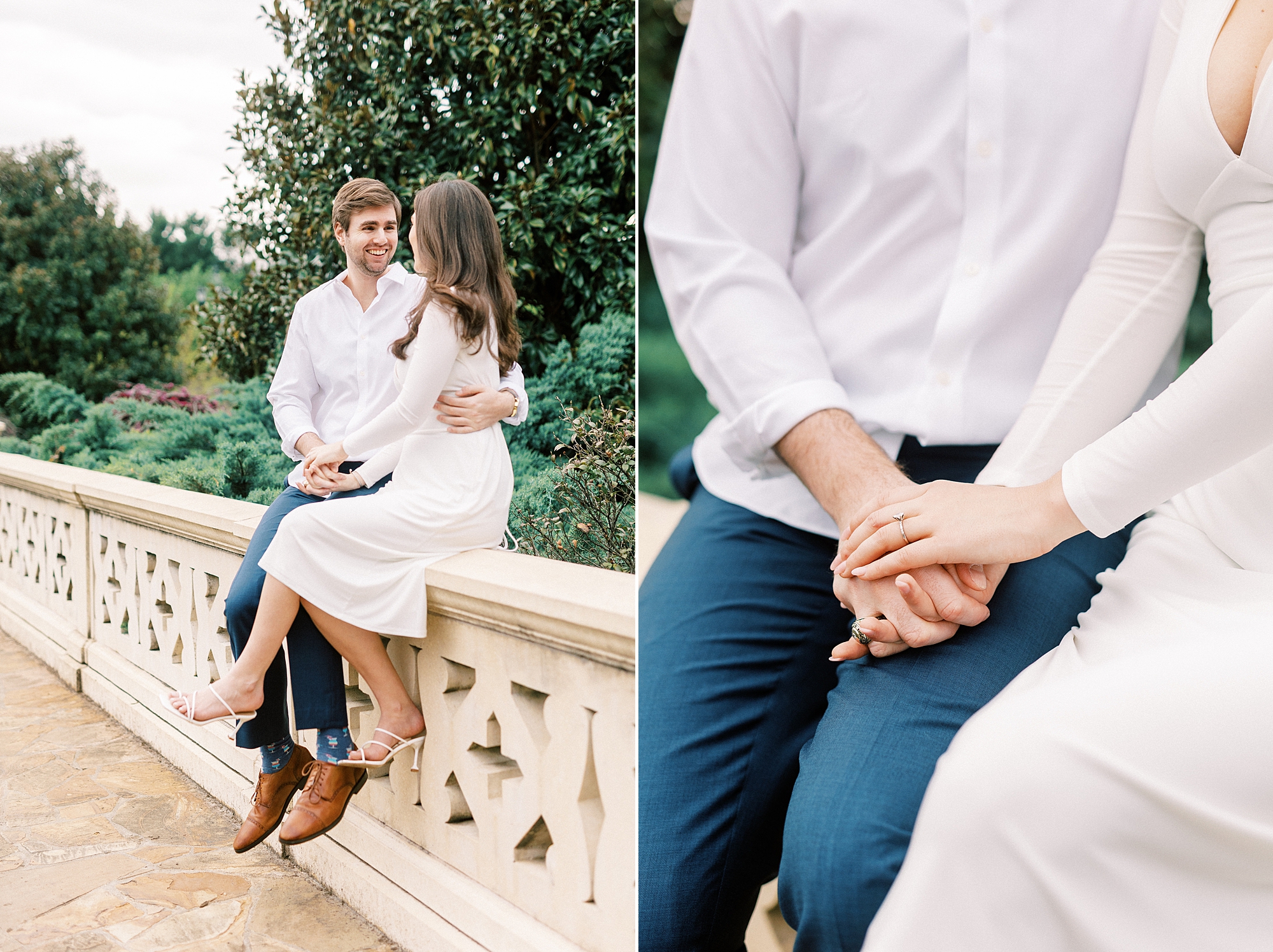 engaged couple sits on bridge in Midtown Park