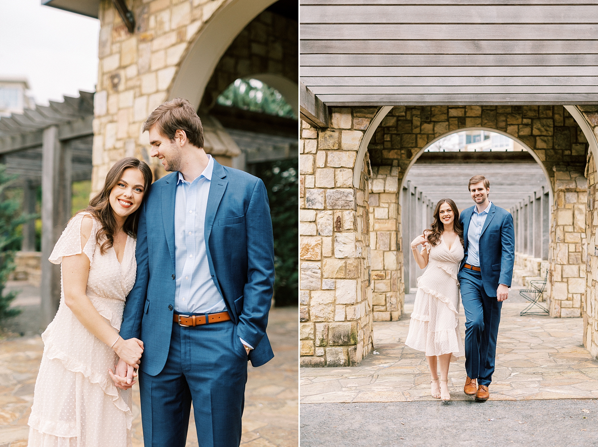 man in blue suit kisses woman in champagne dress outside stone arbor 