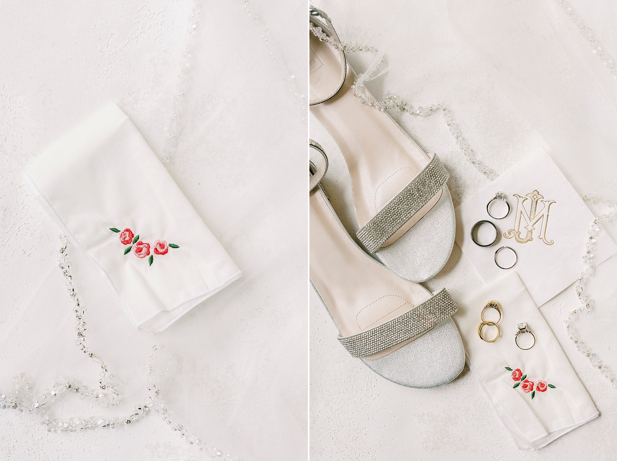 bride's shoes and embroidered handkerchief on veil 