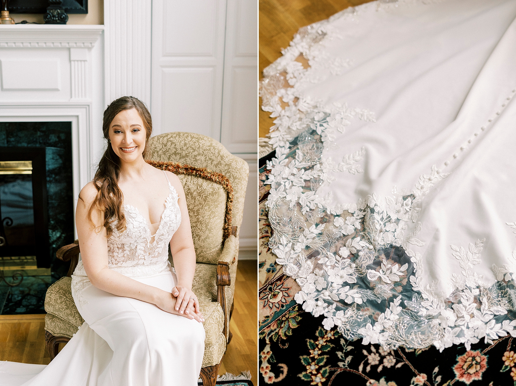 bride sits in gold chair with wedding dress around her at The Saratoga Springs