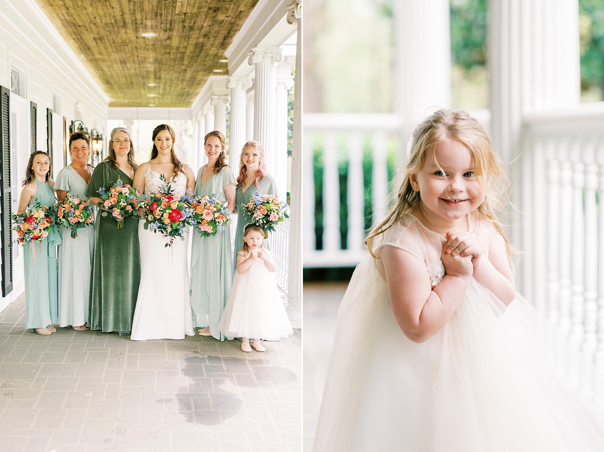 bride stands with bridesmaids in green gowns at The Saratoga Springs