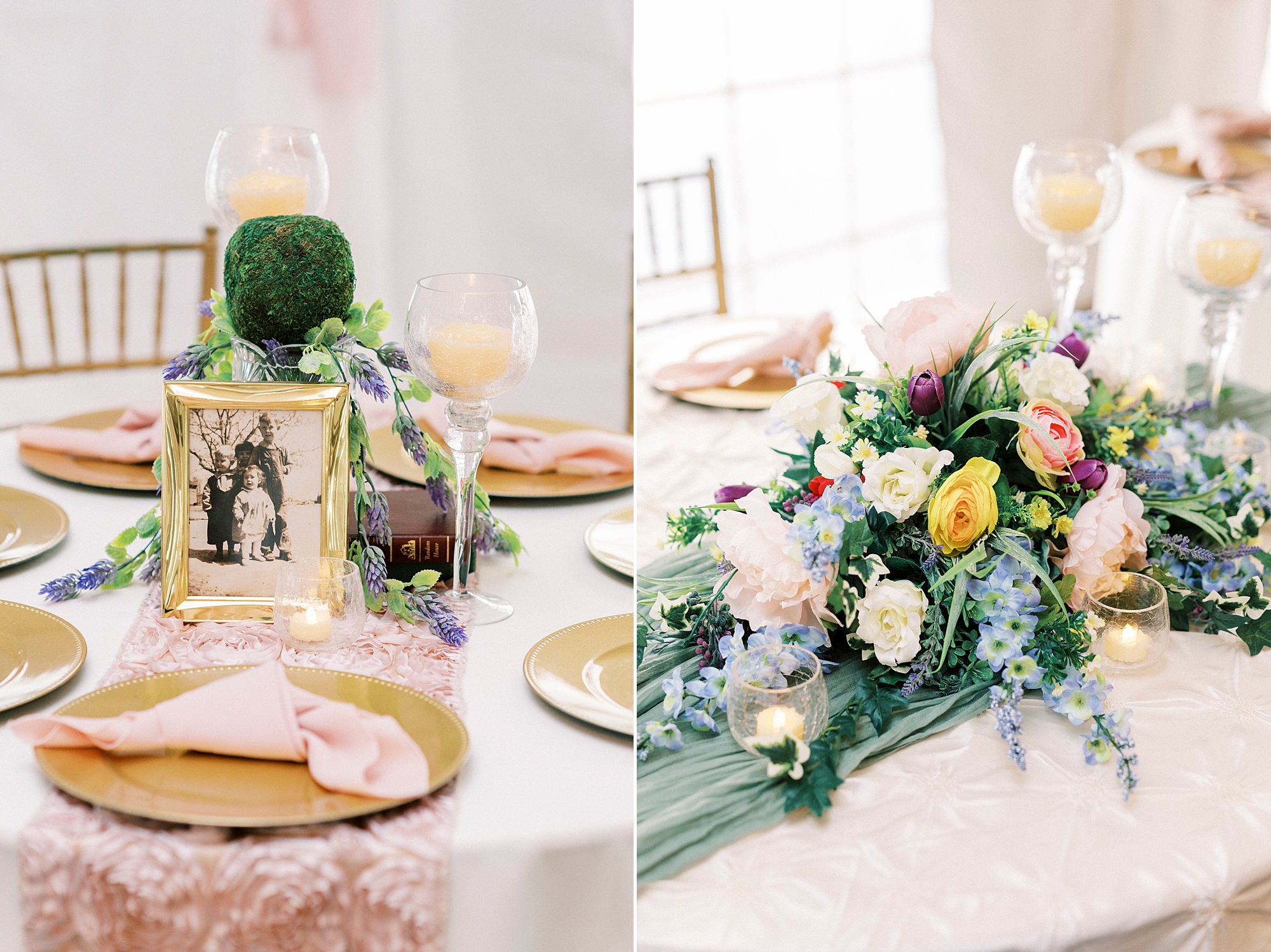 wedding reception centerpieces with flowers and family photos 