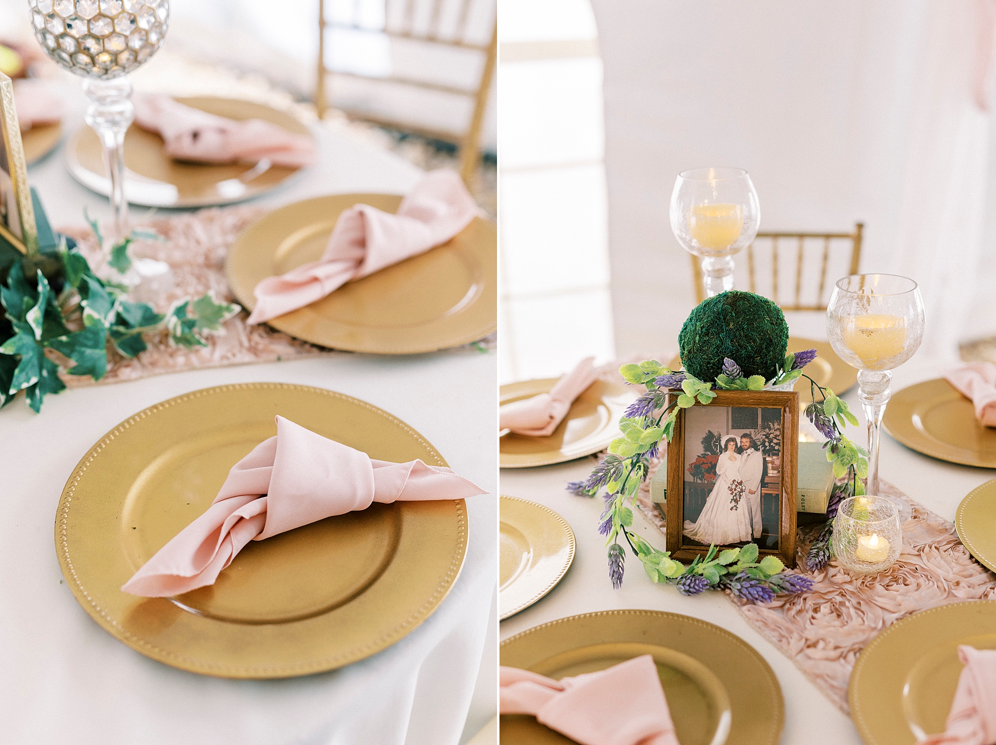 place setting for wedding reception at The Saratoga Springs with gold plates and pink napkins 