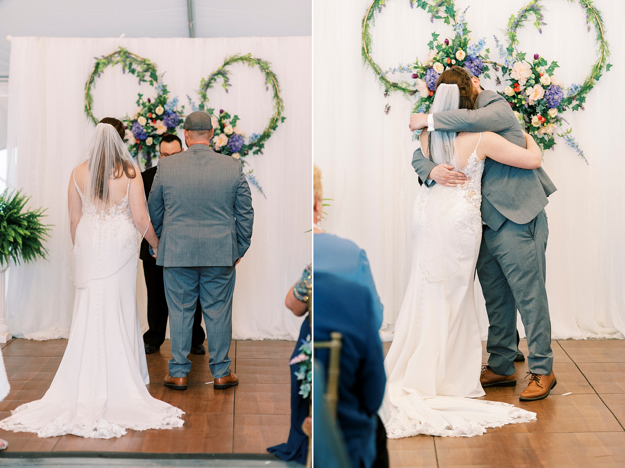 newlyweds hug and hold hands during wedding ceremony at The Saratoga Springs