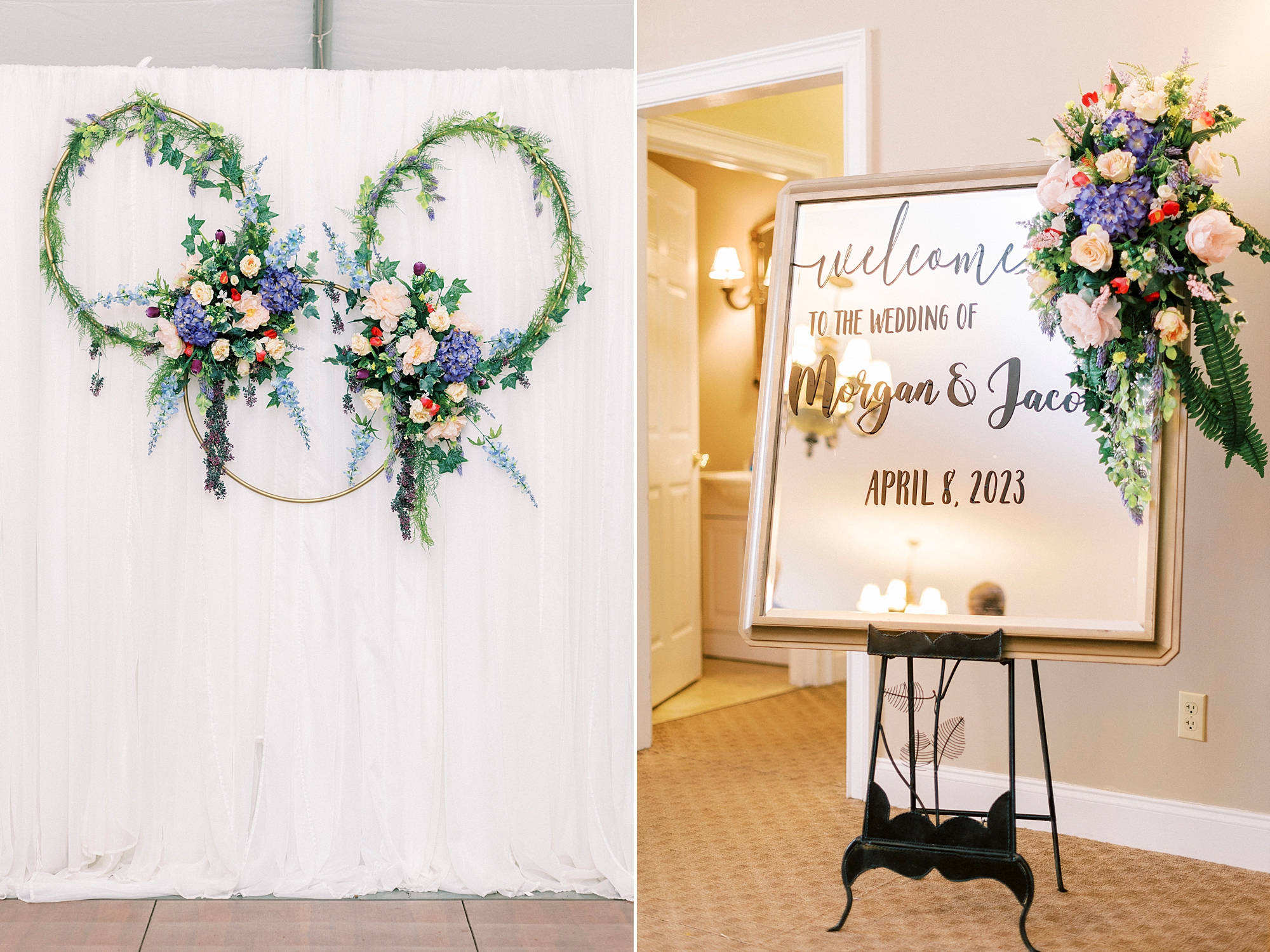 welcome sign and ceremony backdrop with green hoops for wedding ceremony at The Saratoga Springs
