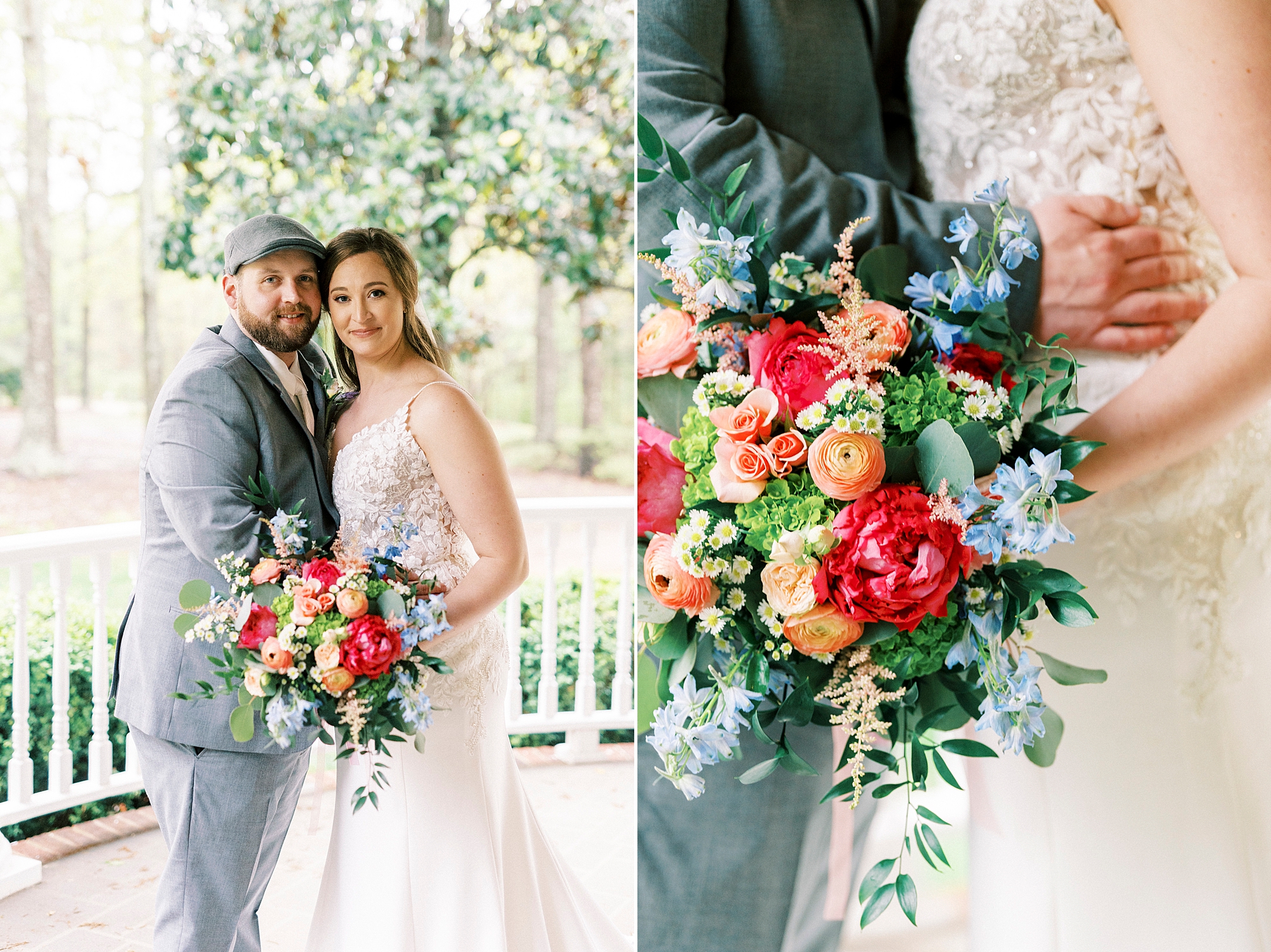 bride holds bouquet of bright pink and orange flowers on porch at The Saratoga Springs