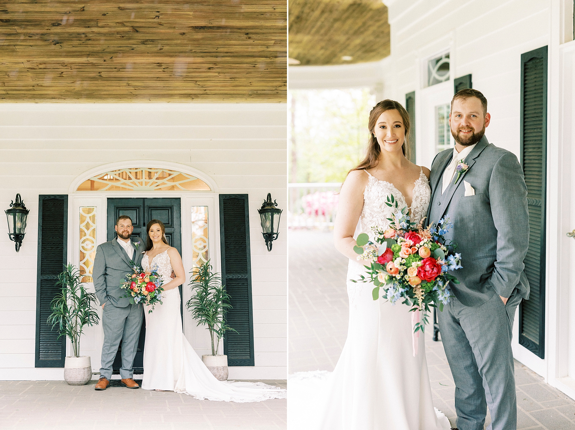 bride and groom stand together on front porch at The Saratoga Springs