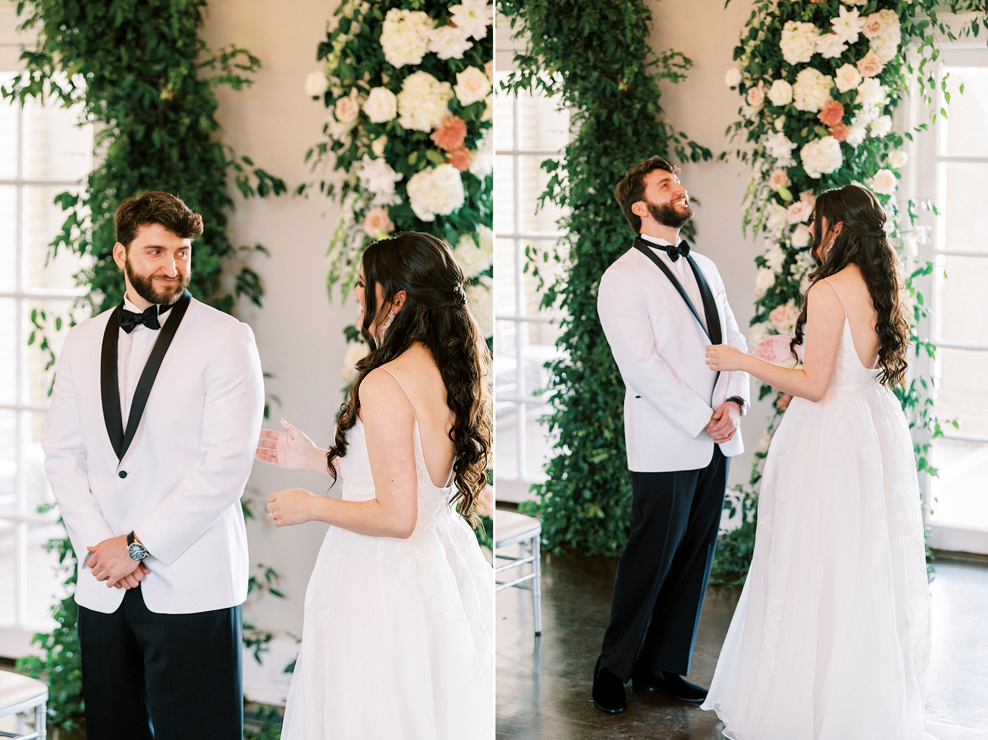 bride approaches groom for first look by floral arch inside Separk Mansion