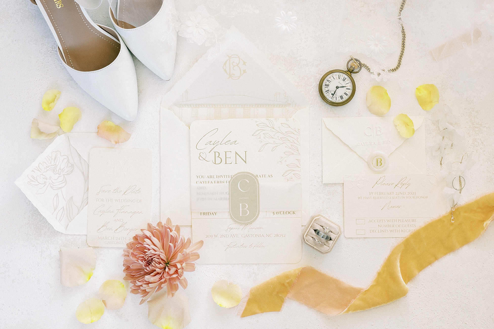 bride's white shoes, gold ribbon, and pink flower with stationery for Separk Mansion wedding 