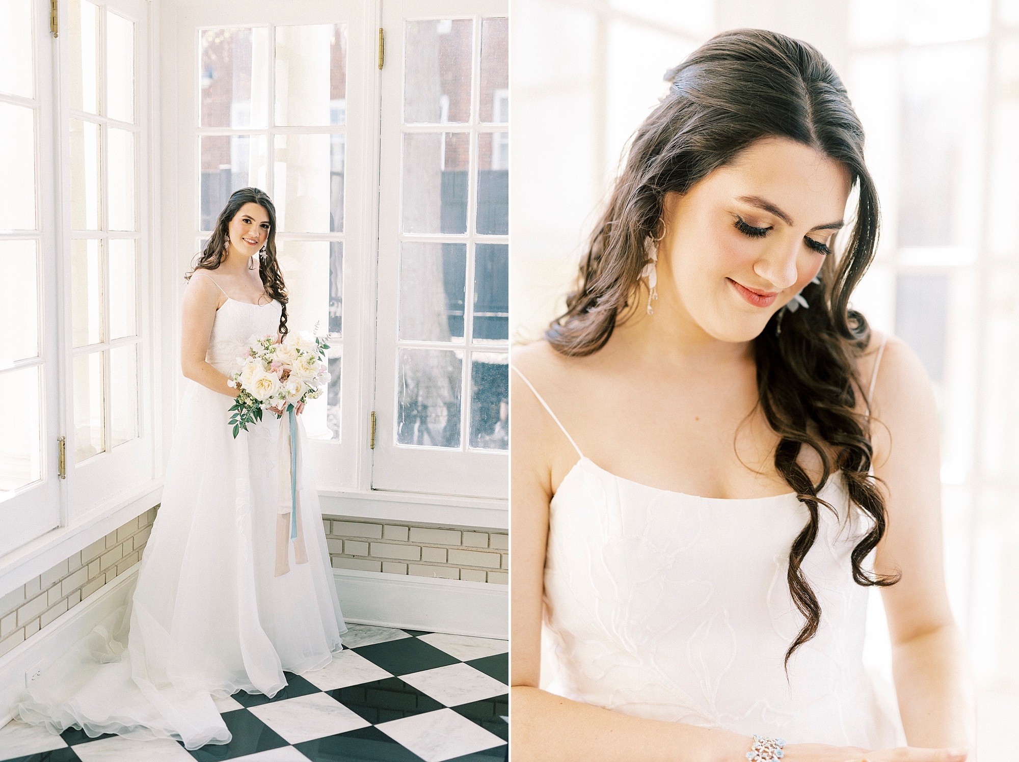 bride looks down at white and pink bouquet in room at Separk Mansion