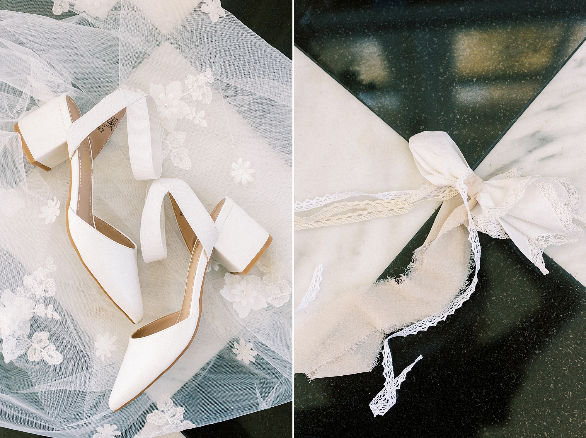 bride's white shoes lays on veil on black and white floor 