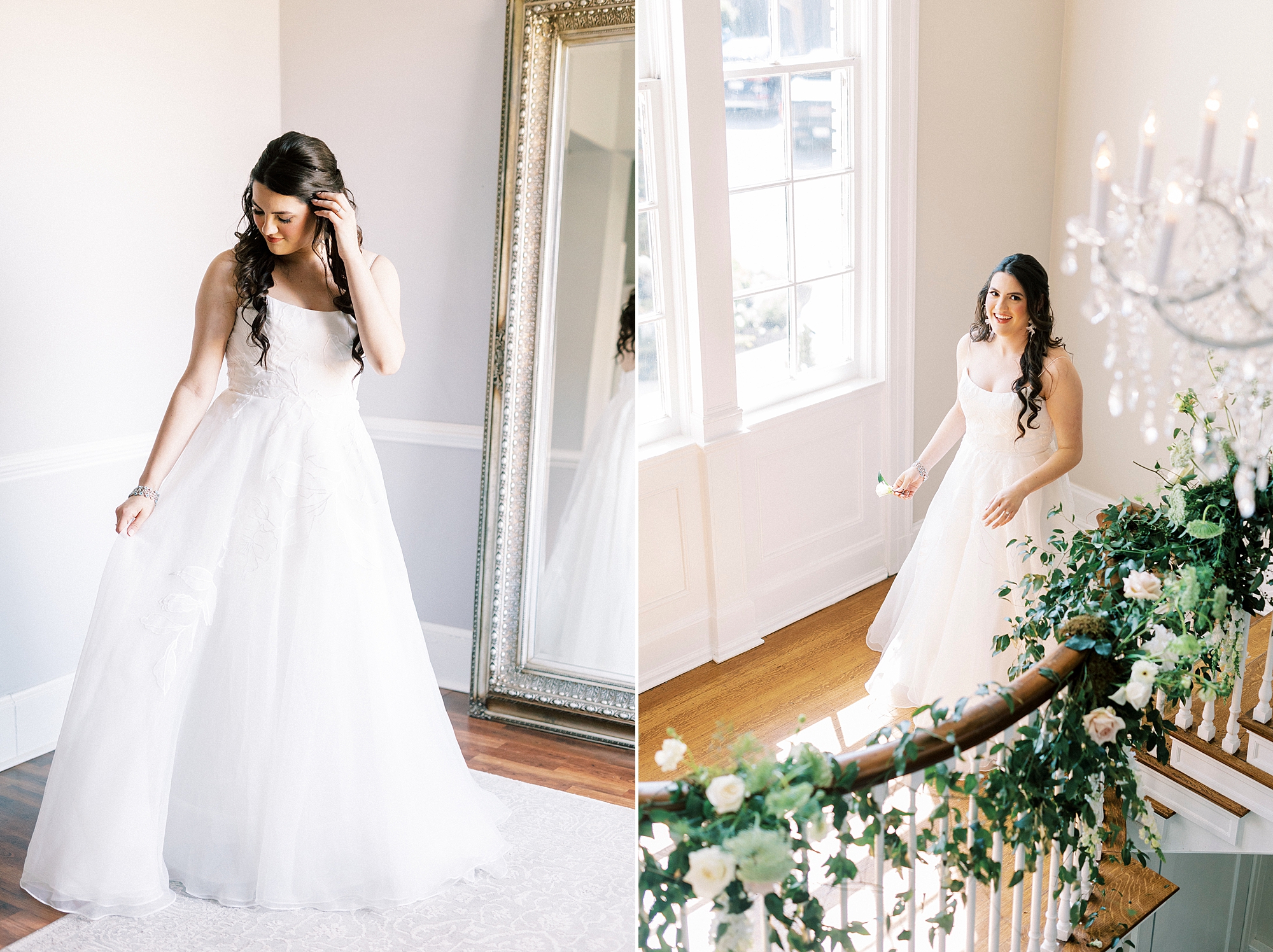 bride pushes hair behind ear in suite at Separk Mansion