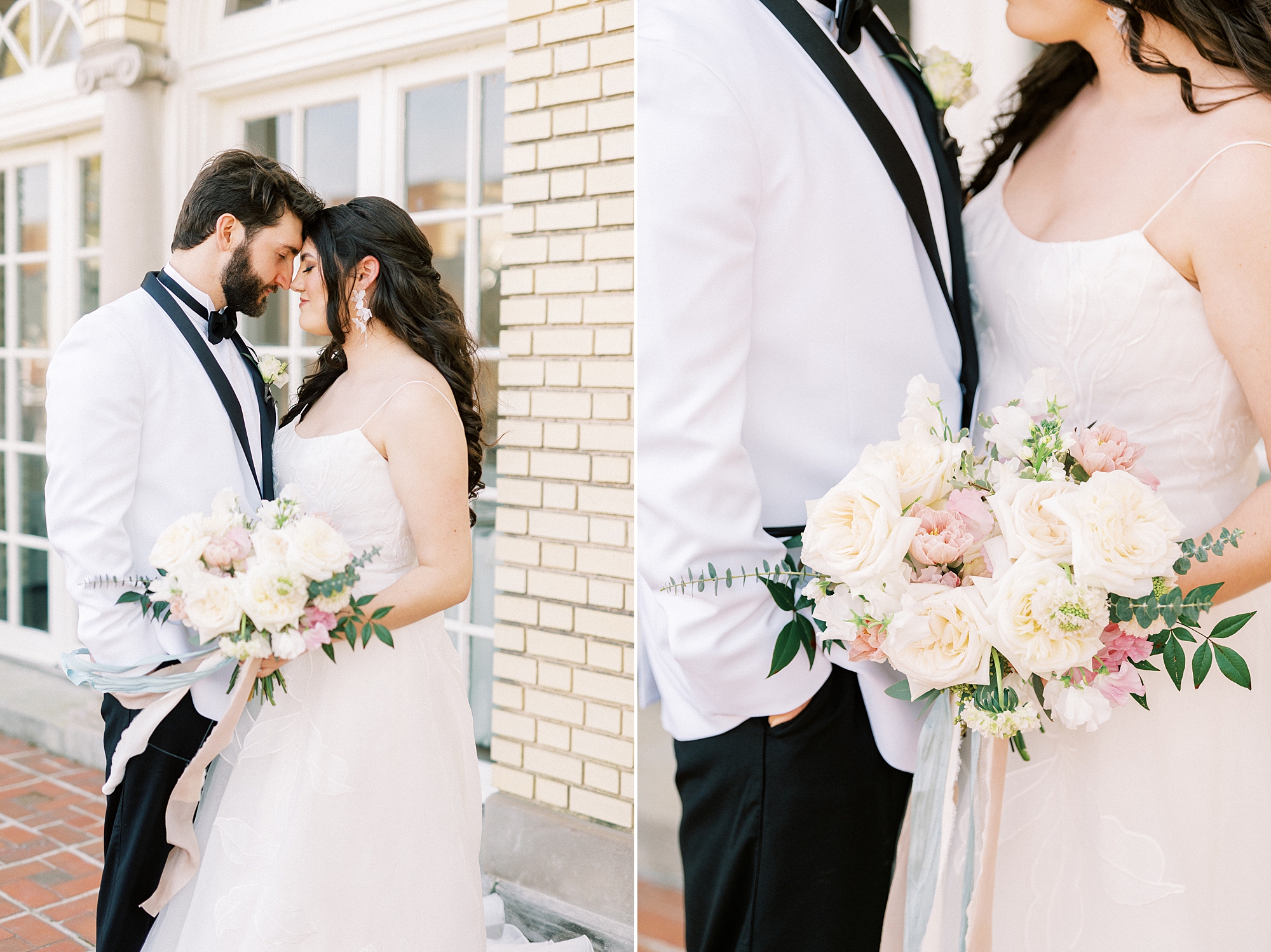 groom in white suit jacket leans against bride on patio at Separk Mansion