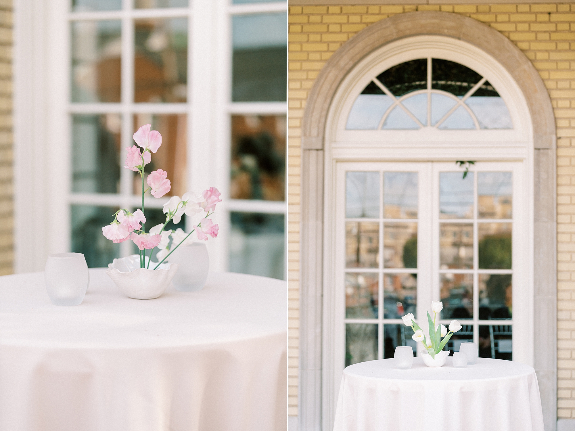 cocktail table on patio with light pink flowers for spring Separk Mansion wedding reception 
