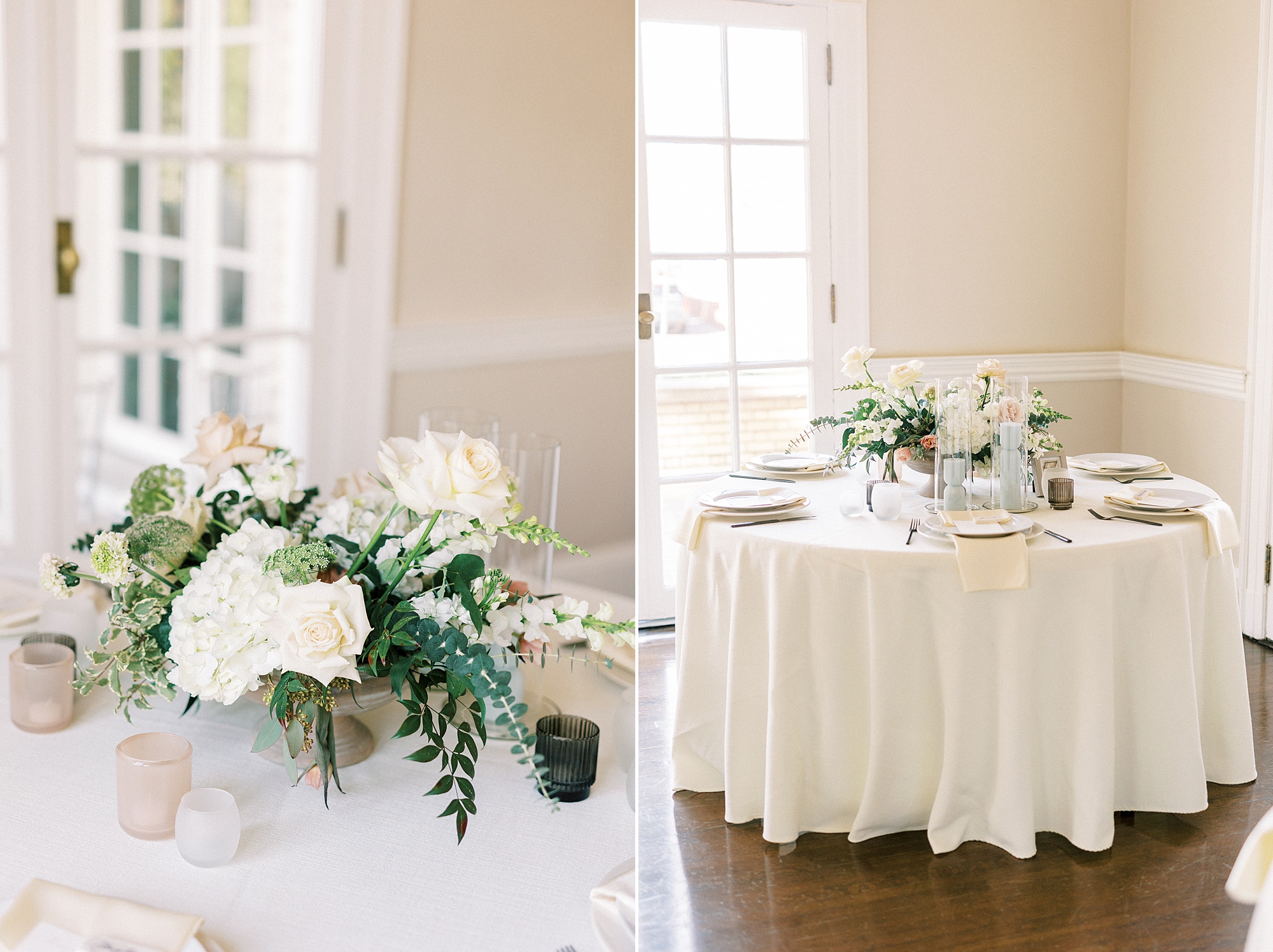 wedding reception tables with gold chargers and ivory rose centerpieces 