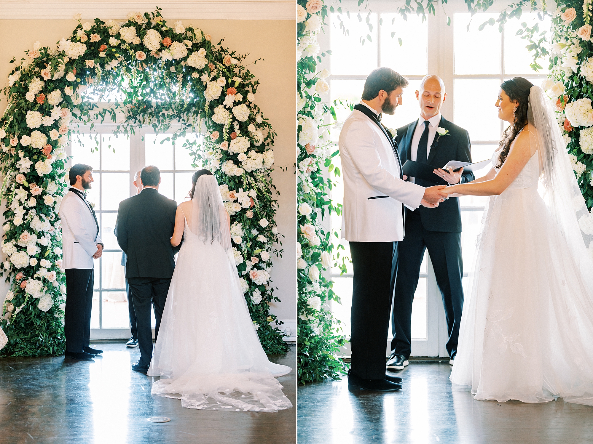 bride and groom hold hands during wedding ceremony inside Separk Mansion