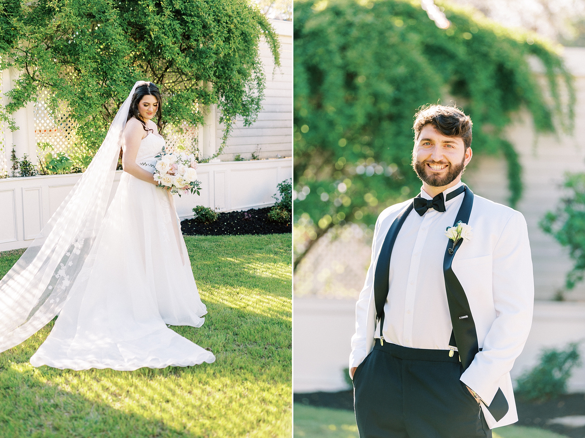 bride and groom pose in courtyard at Separk Mansion